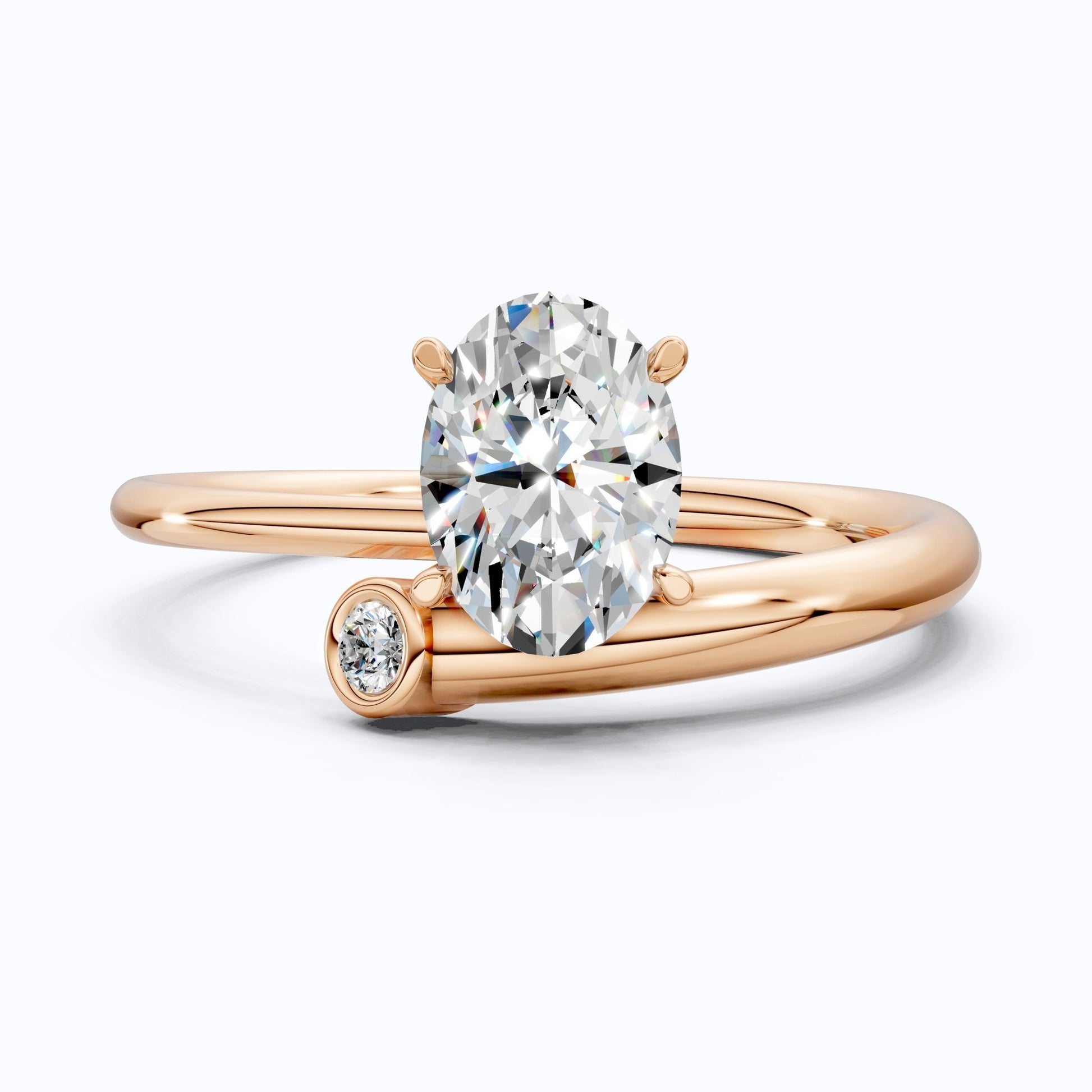 Open Cuff Oval Solitaire Ring with Round Accent in 14k Rose Gold, Anniversary Gift for Wife, Sleek Open End Solitaire Engagement Ring - Shoora Designs