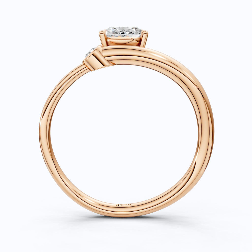 Open Cuff Oval Solitaire Ring with Round Accent in 14k Rose Gold, Anniversary Gift for Wife, Sleek Open End Solitaire Engagement Ring - Shoora Designs