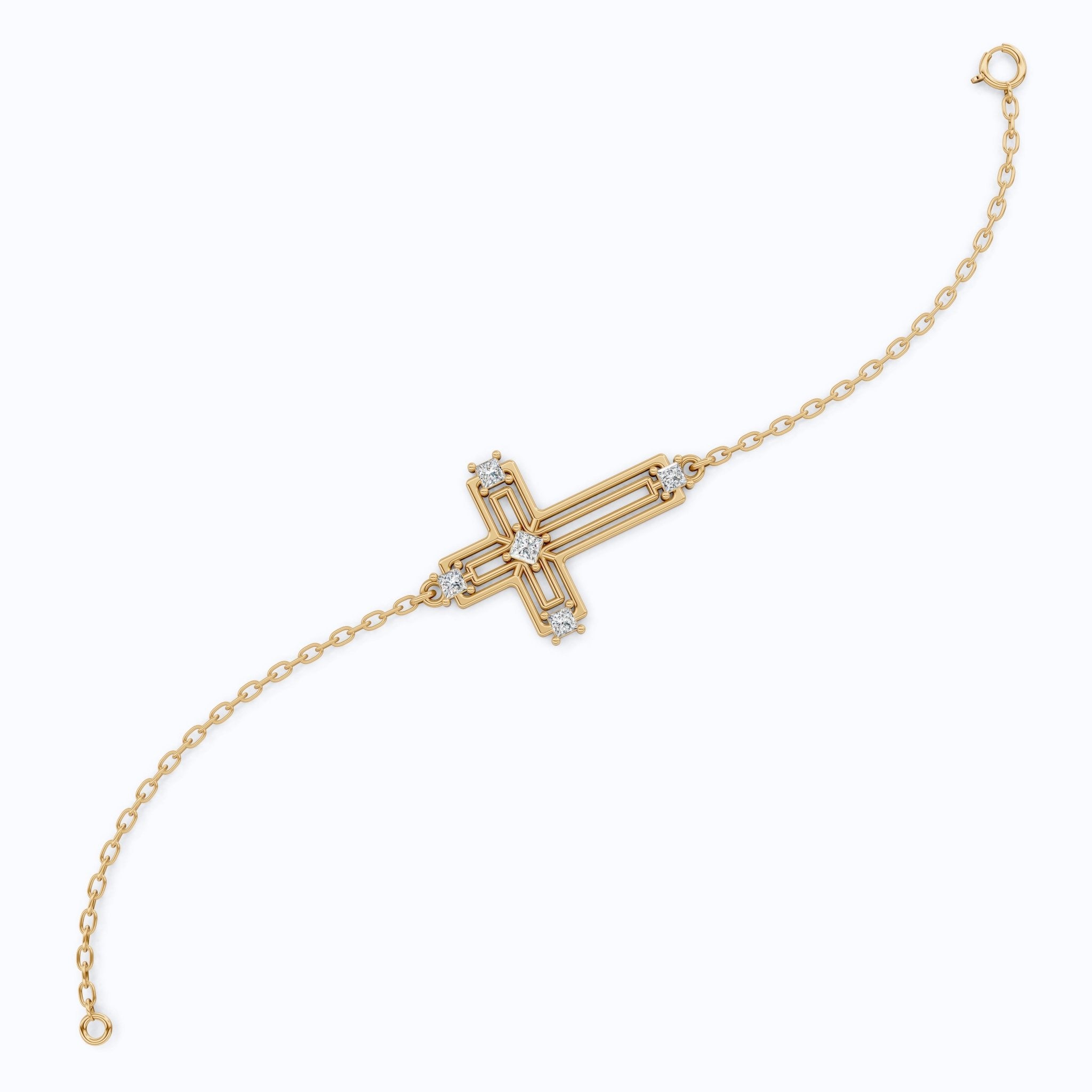 Open Work Cross Chain Bracelet in 14K Solid Gold, 0.32 TCW Princess Cut Lab Created Diamonds, Faith Jewelry, Anniversary Gift for Her, Everyday Bracelet - Shoora Designs