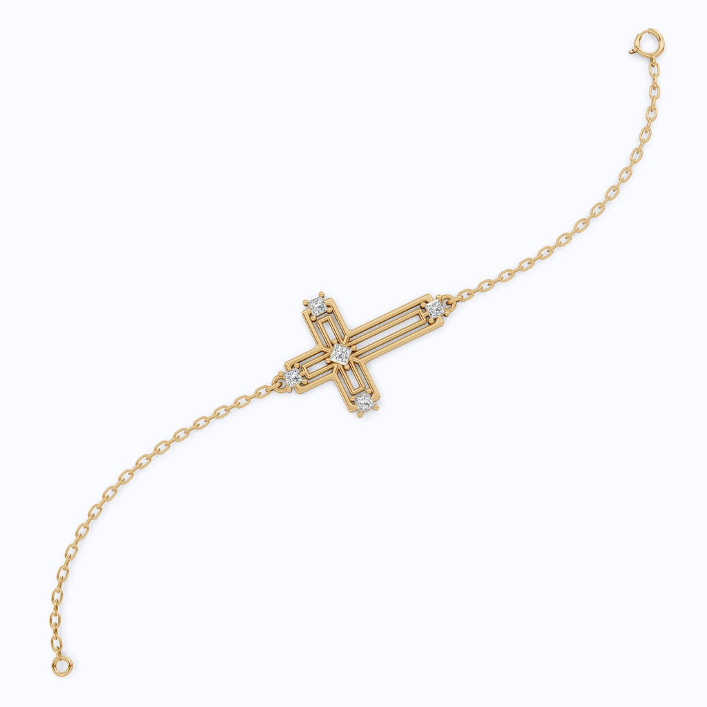 Open Work Cross Chain Bracelet in 14K Solid Gold, 0.32 TCW Princess Cut Lab Created Diamonds, Faith Jewelry, Anniversary Gift for Her, Everyday Bracelet - Shoora Designs