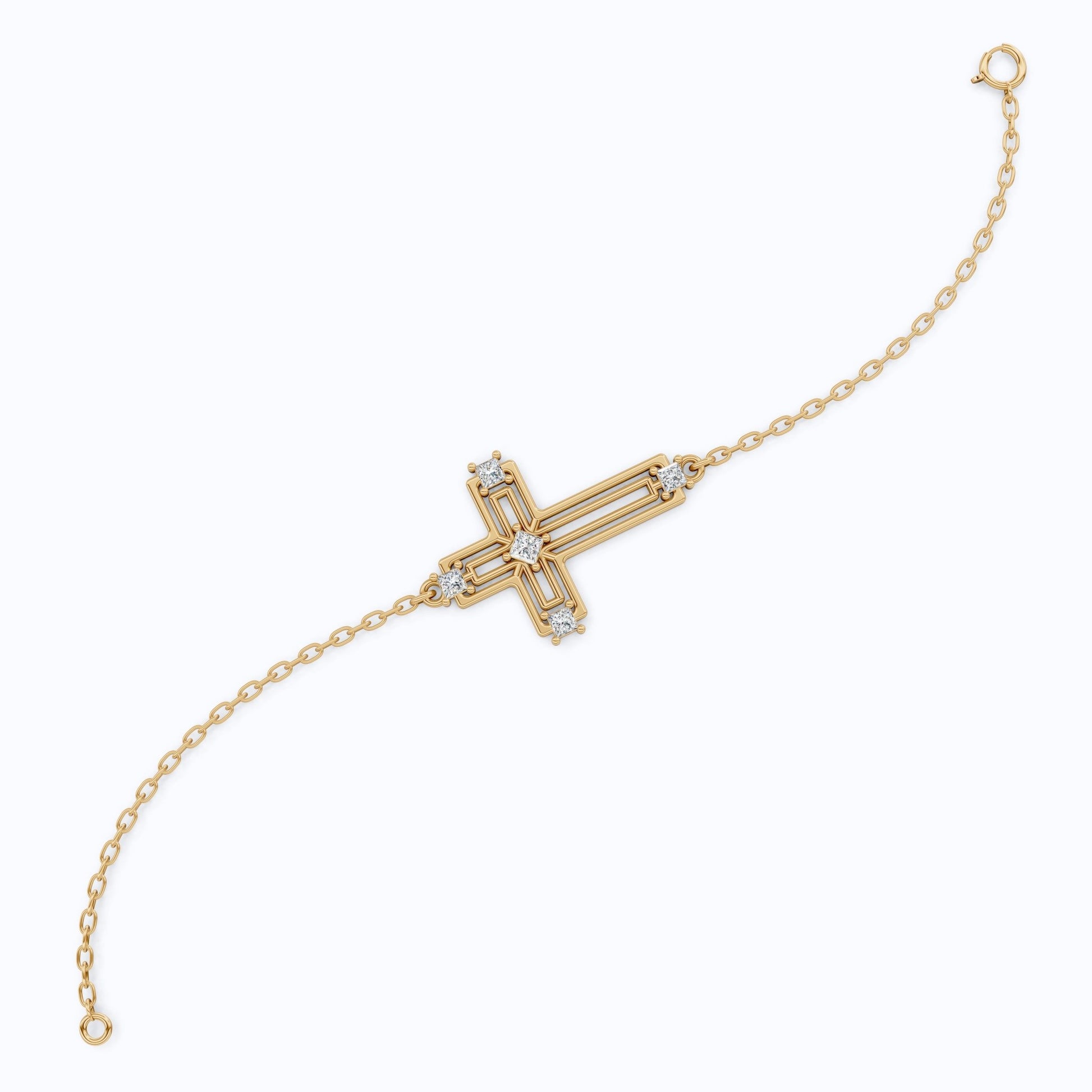 Open Work Cross Chain Bracelet in 14K Solid Gold, 0.32 TCW Princess Cut Lab Created Diamonds, Faith Jewelry, Anniversary Gift for Her, Everyday Bracelet - Shoora Designs