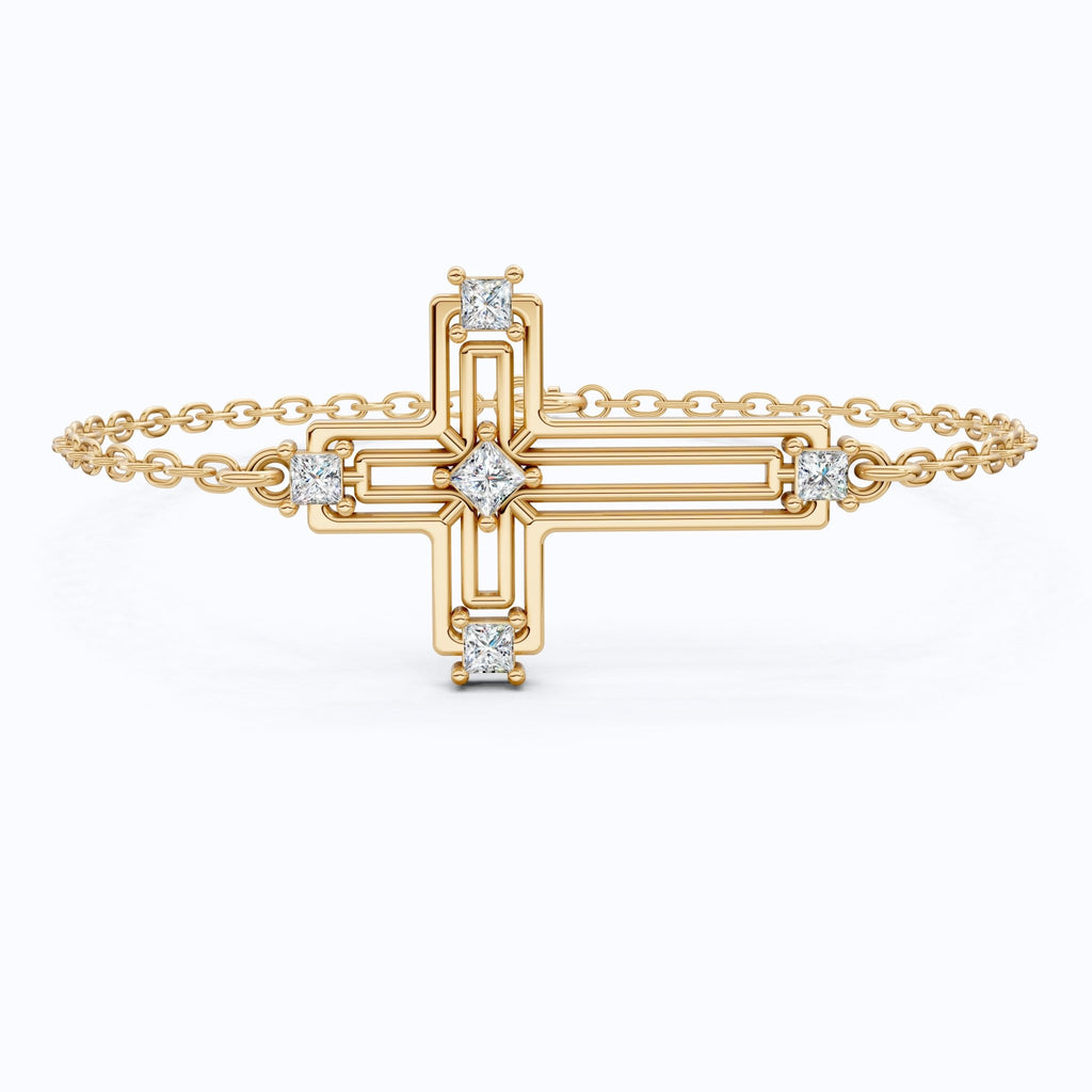 Open Work Cross Chain Bracelet in 14K Solid Gold, 0.32 TCW Princess Cut Lab Created Diamonds, Faith Jewelry, Anniversary Gift for Her, Everyday Bracelet - Shoora Designs