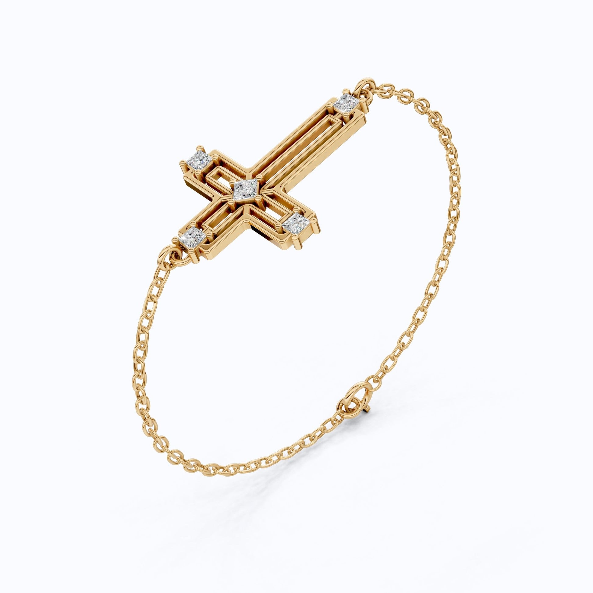 Open Work Cross Chain Bracelet in 14K Solid Gold, 0.32 TCW Princess Cut Lab Created Diamonds, Faith Jewelry, Anniversary Gift for Her, Everyday Bracelet - Shoora Designs
