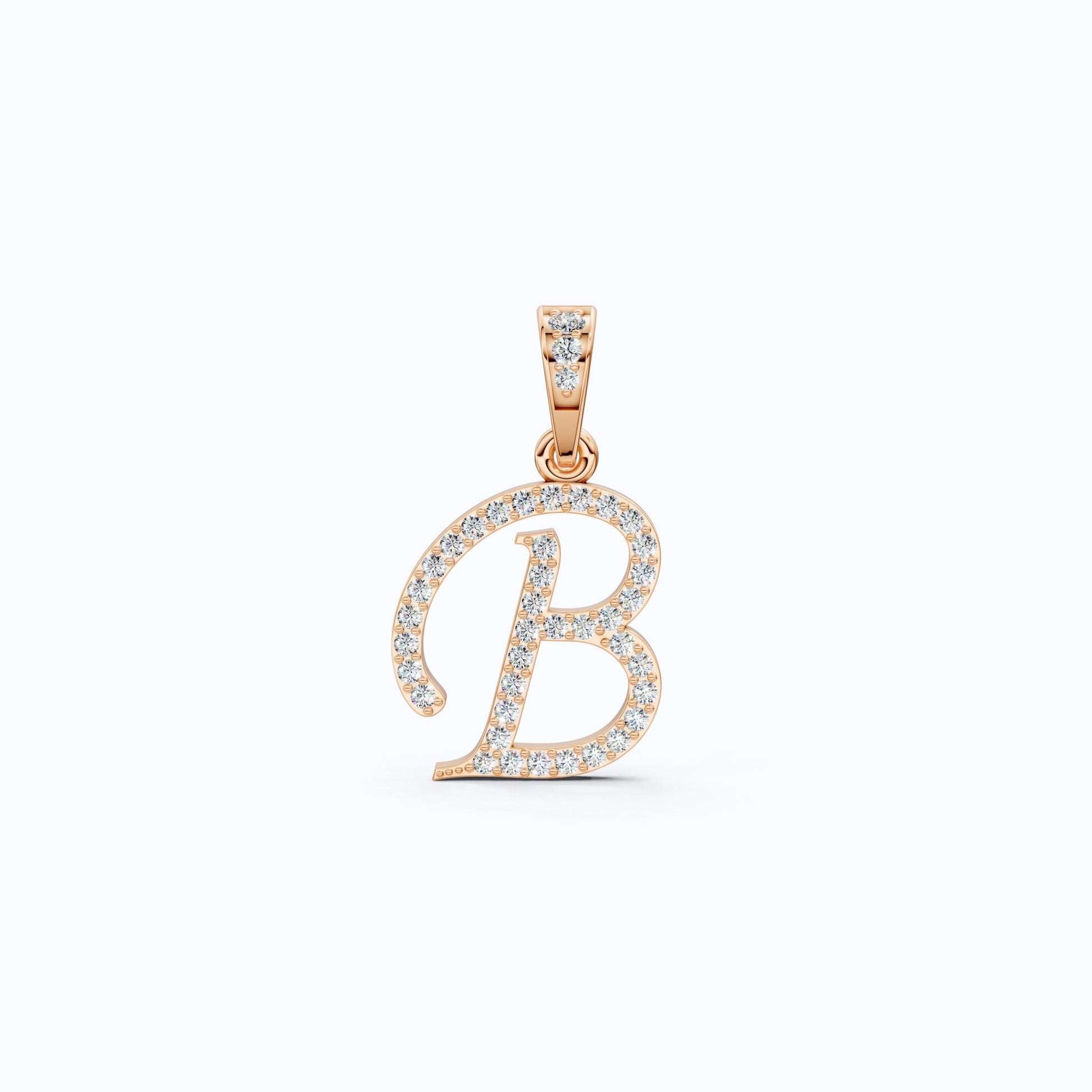 Pavé Script B Initial Pendant in Lab Diamond – Solid 14k Gold, Bridal Jewelry, Birthday Gift for Him - Shoora Designs