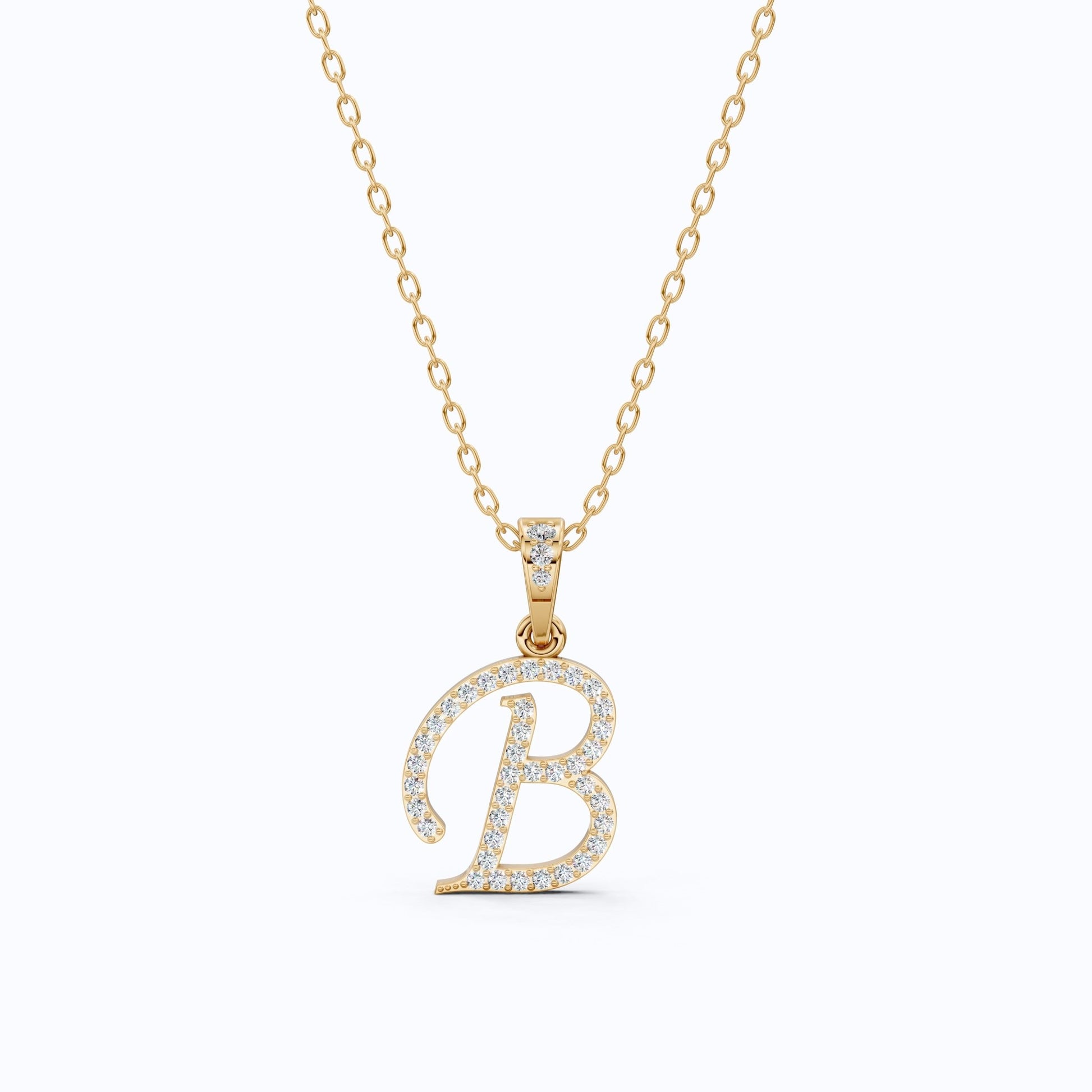 Pavé Script B Initial Pendant in Lab Diamond – Solid 14k Gold, Bridal Jewelry, Birthday Gift for Him - Shoora Designs