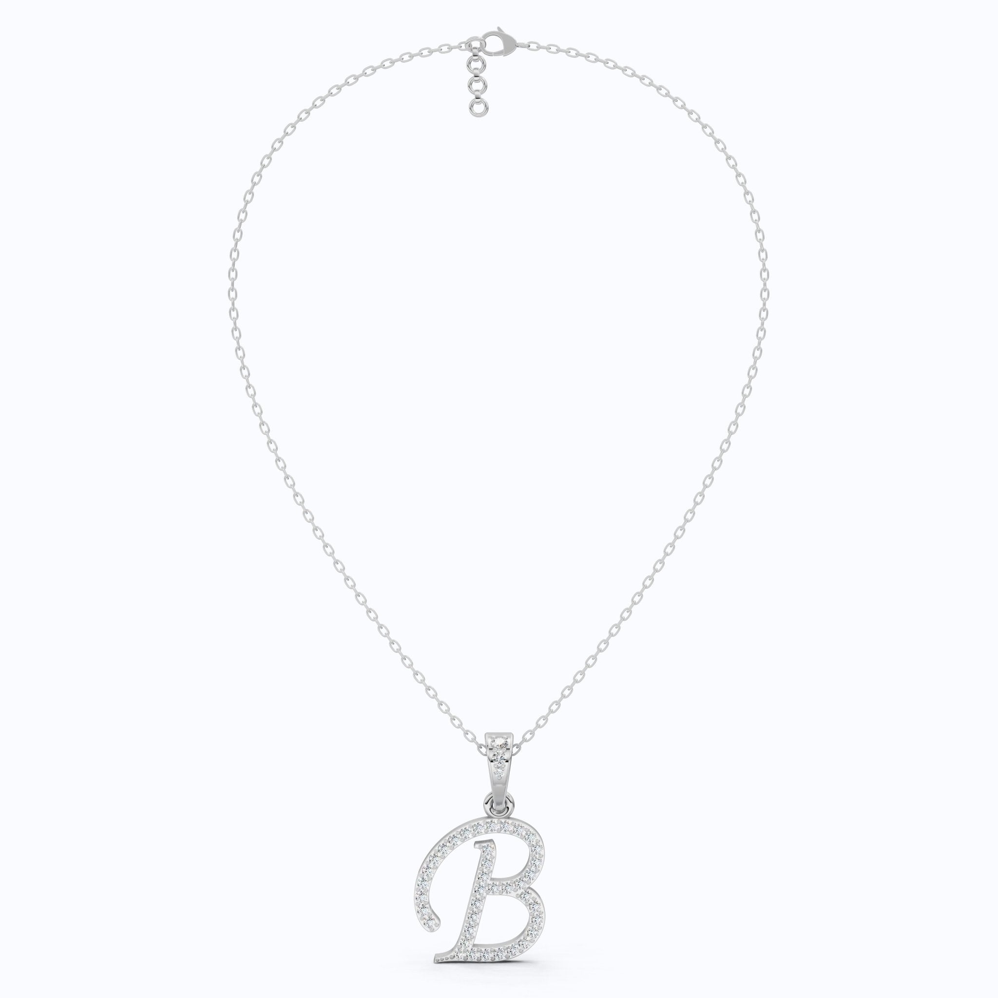 Pavé Script B Initial Pendant in Lab Diamond – Solid 14k Gold, Bridal Jewelry, Birthday Gift for Him - Shoora Designs