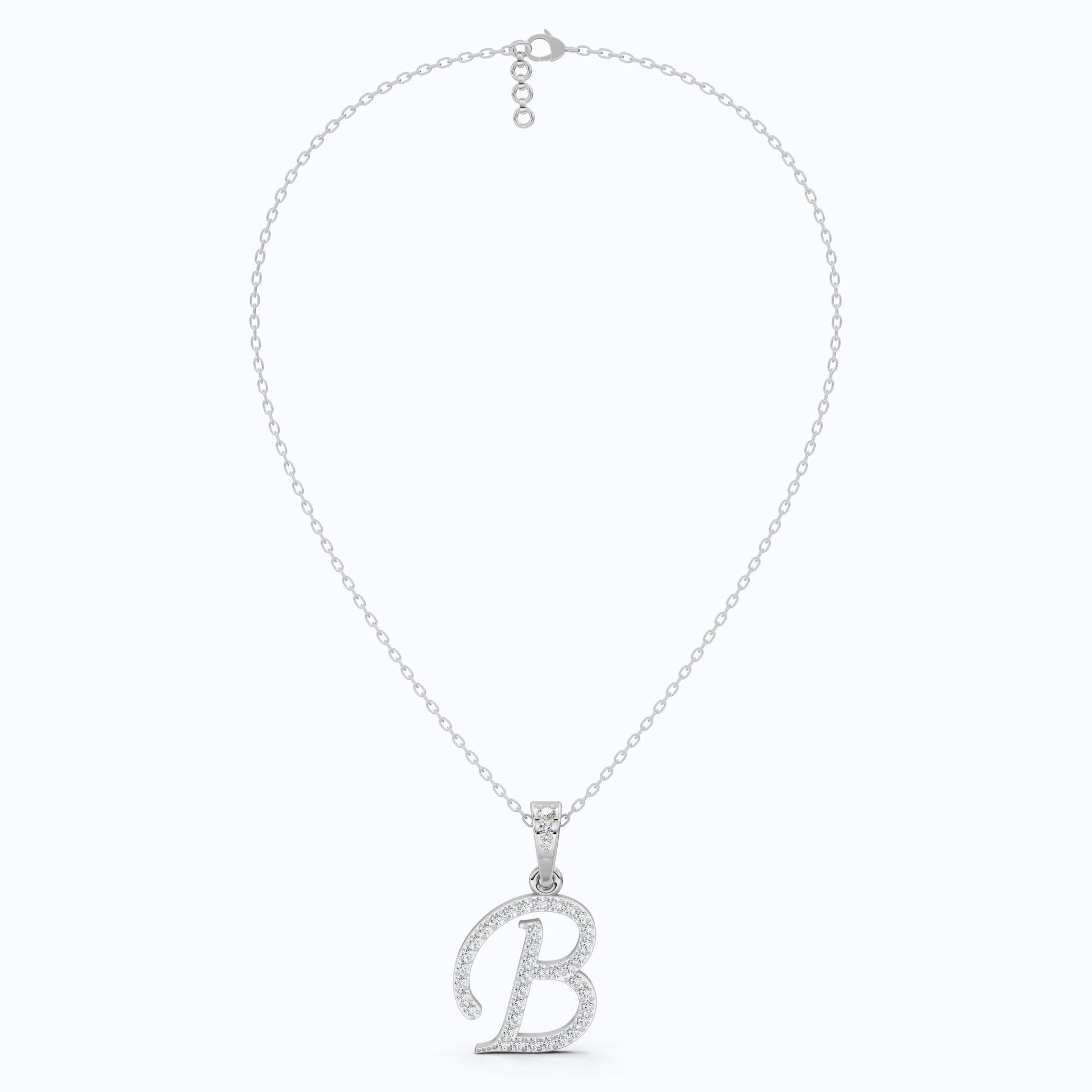 Pavé Script B Initial Pendant in Lab Diamond – Solid 14k Gold, Bridal Jewelry, Birthday Gift for Him - Shoora Designs