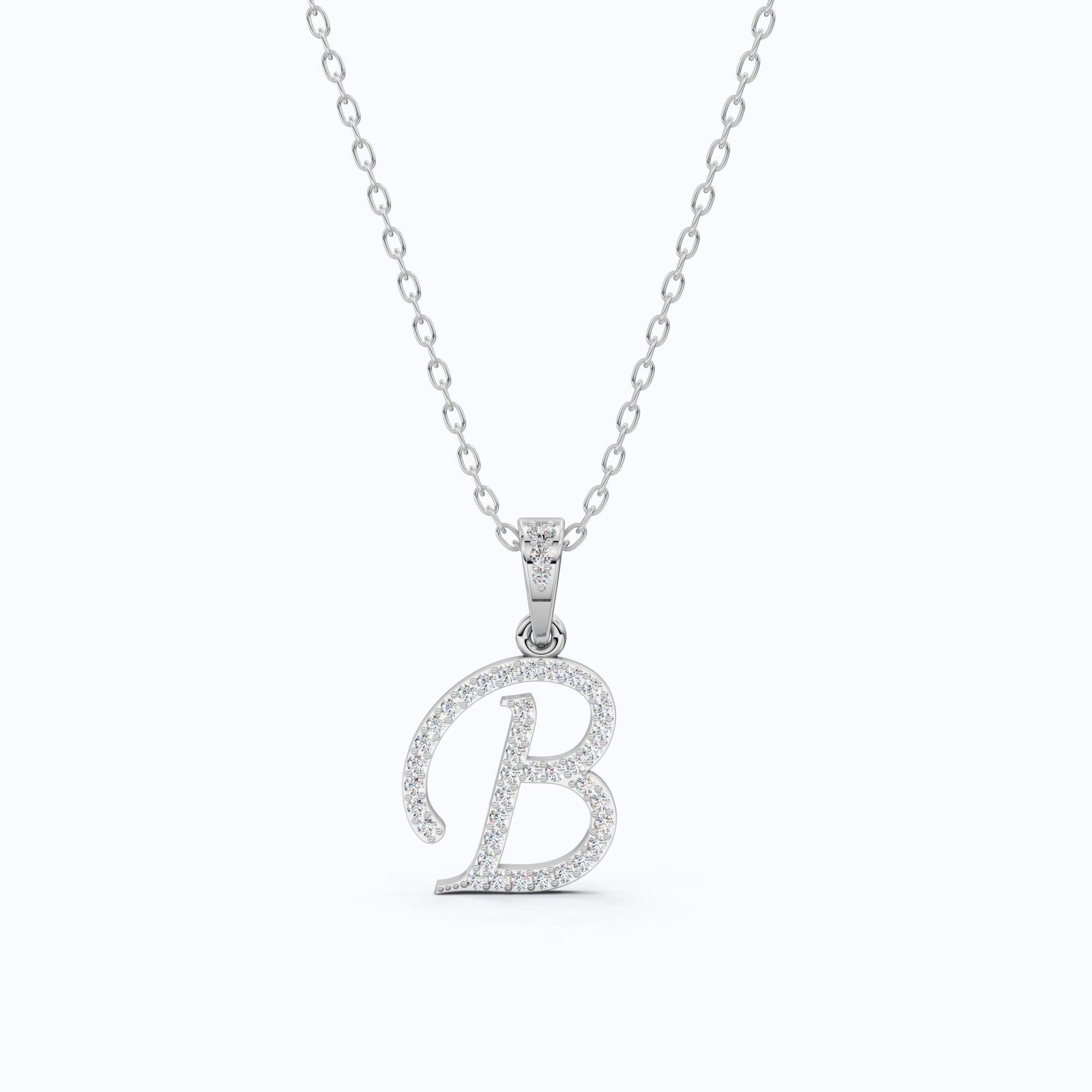 Pavé Script B Initial Pendant in Lab Diamond – Solid 14k Gold, Bridal Jewelry, Birthday Gift for Him - Shoora Designs