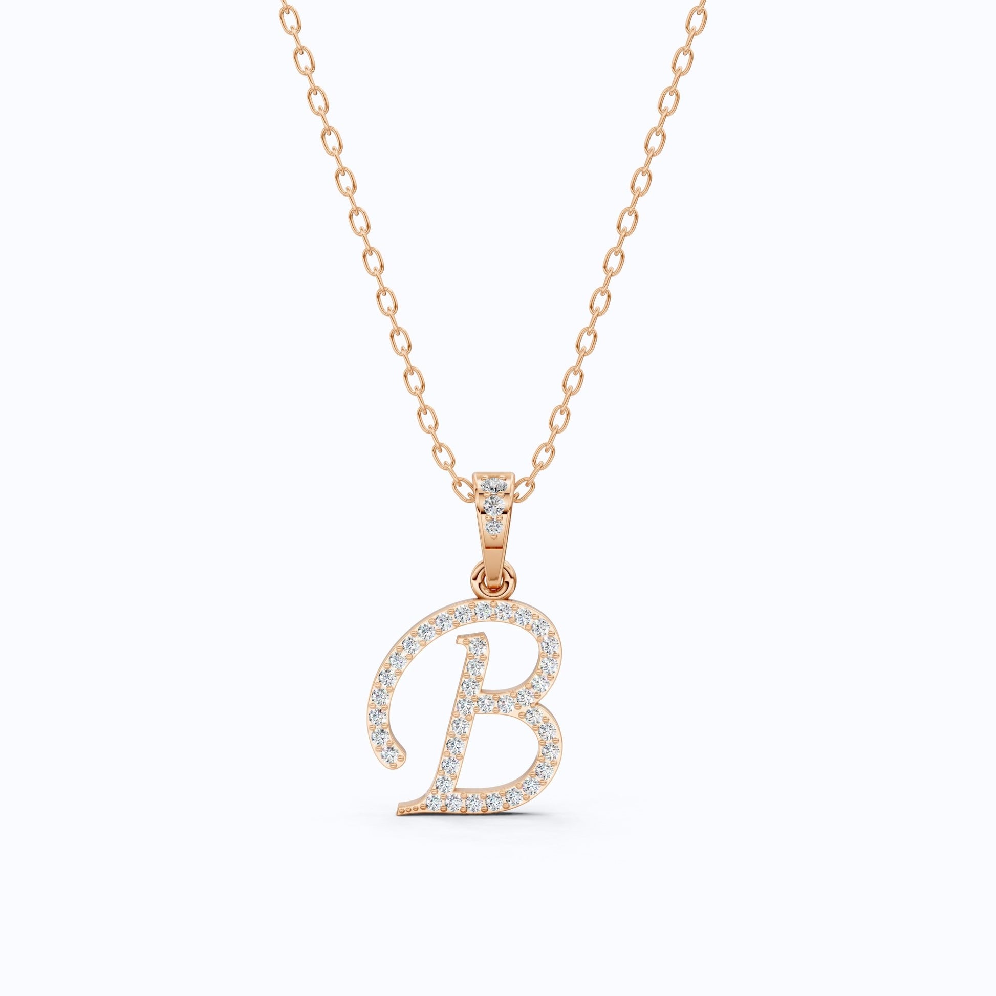 Pavé Script B Initial Pendant in Lab Diamond – Solid 14k Gold, Bridal Jewelry, Birthday Gift for Him - Shoora Designs