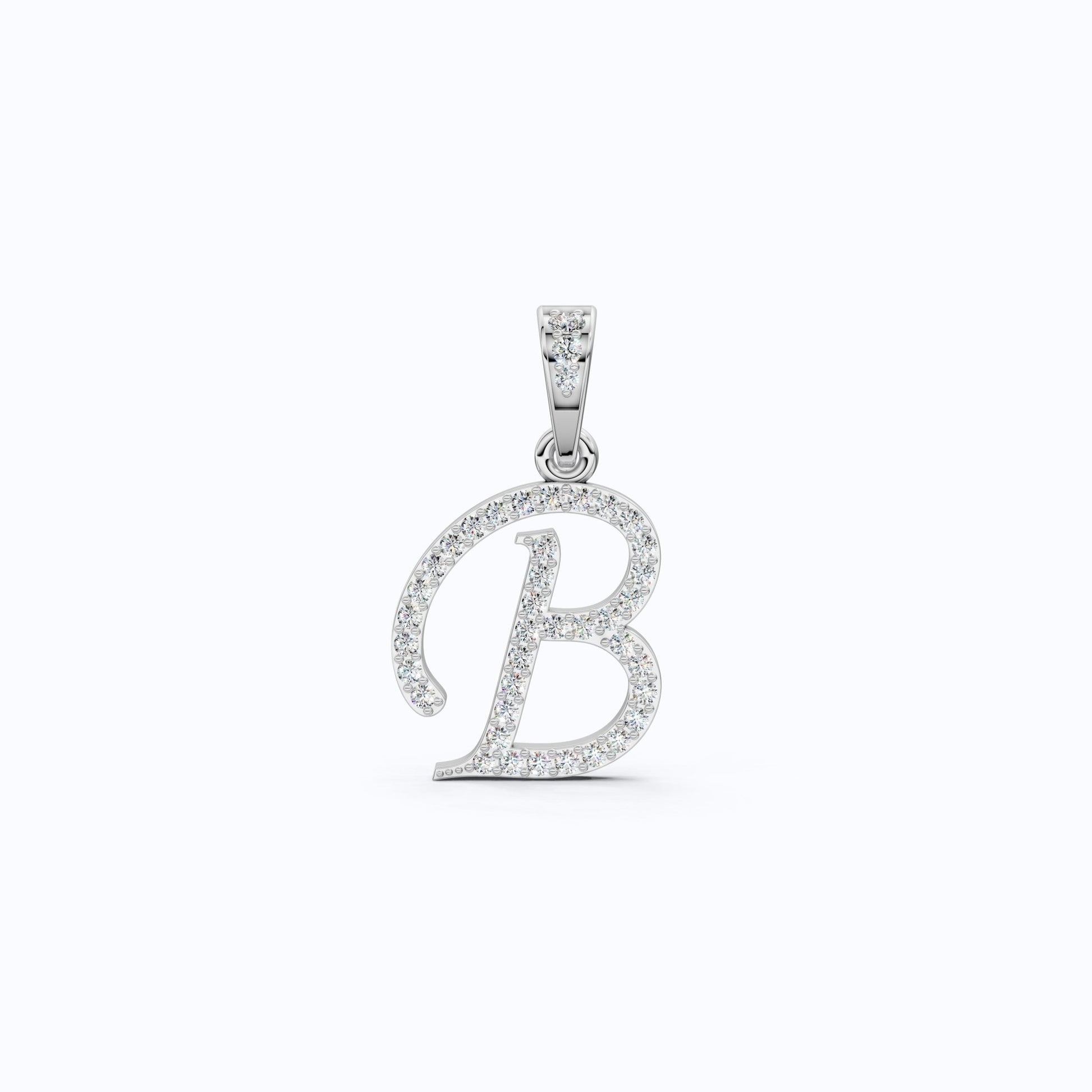 Pavé Script B Initial Pendant in Lab Diamond – Solid 14k Gold, Bridal Jewelry, Birthday Gift for Him - Shoora Designs
