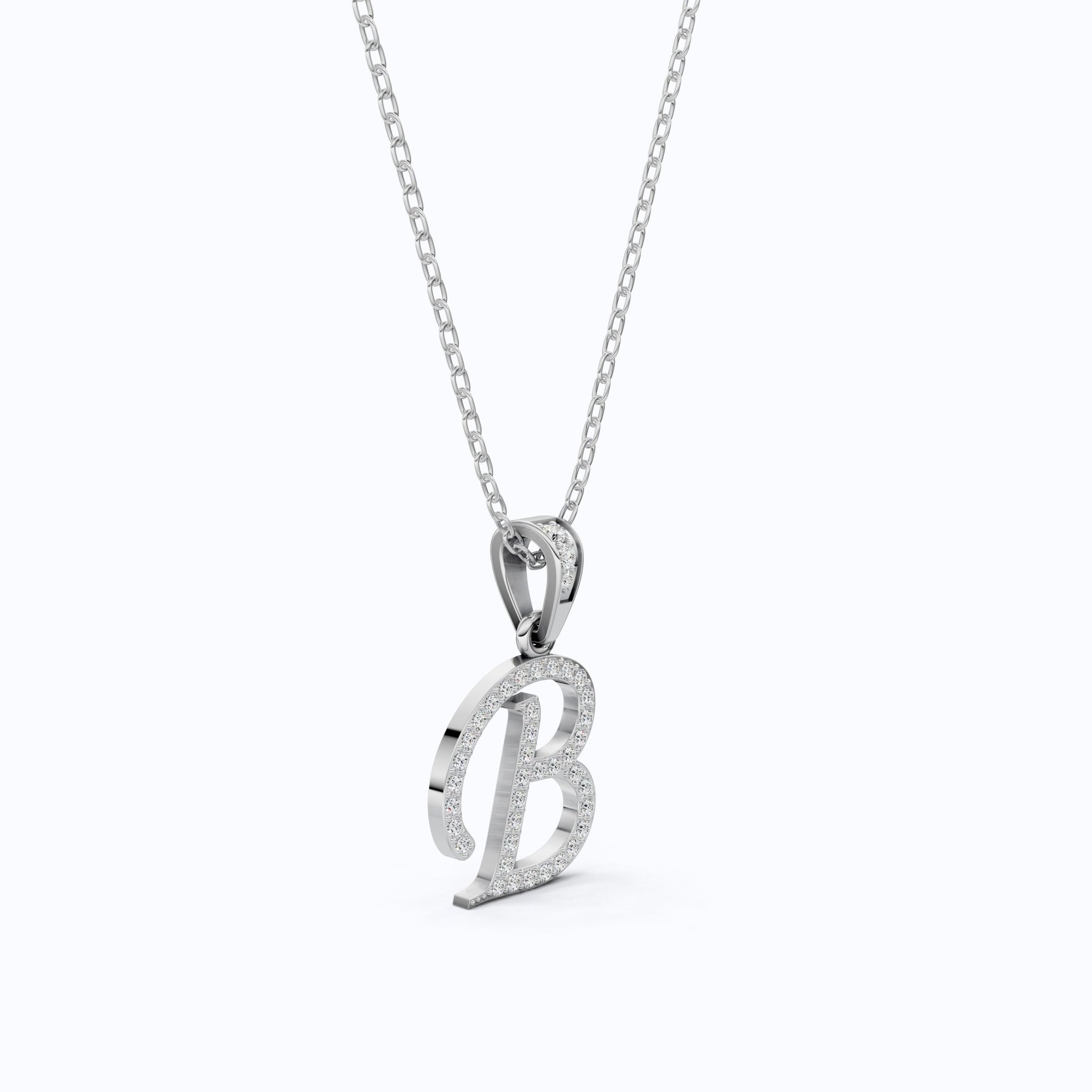 Pavé Script B Initial Pendant in Lab Diamond – Solid 14k Gold, Bridal Jewelry, Birthday Gift for Him - Shoora Designs