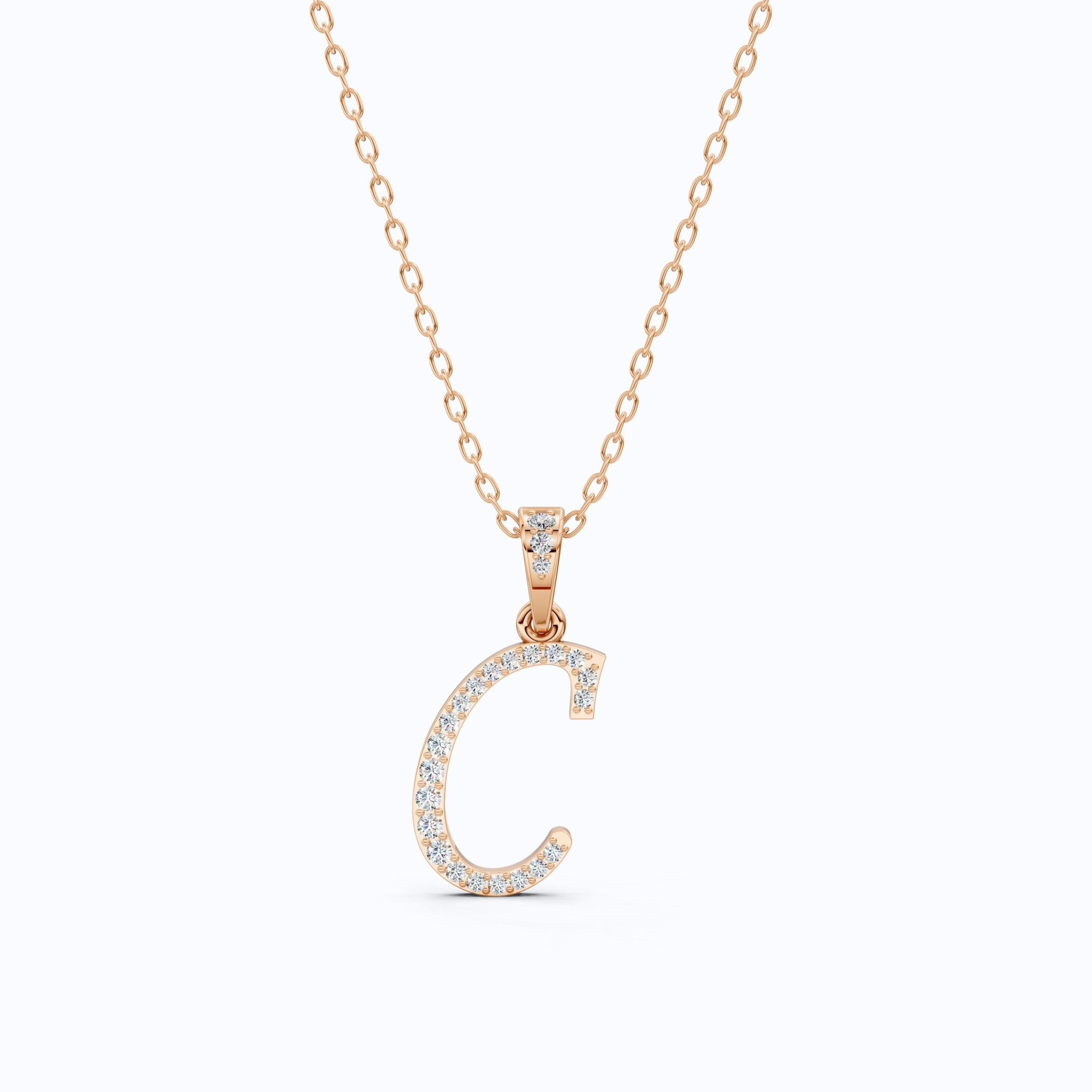 Pavé Script Letter C Initial Pendant in Lab Diamond – 14k Solid Gold, Alphabet Jewelry Gift for Women, Daily Wear Pendant - Shoora Designs