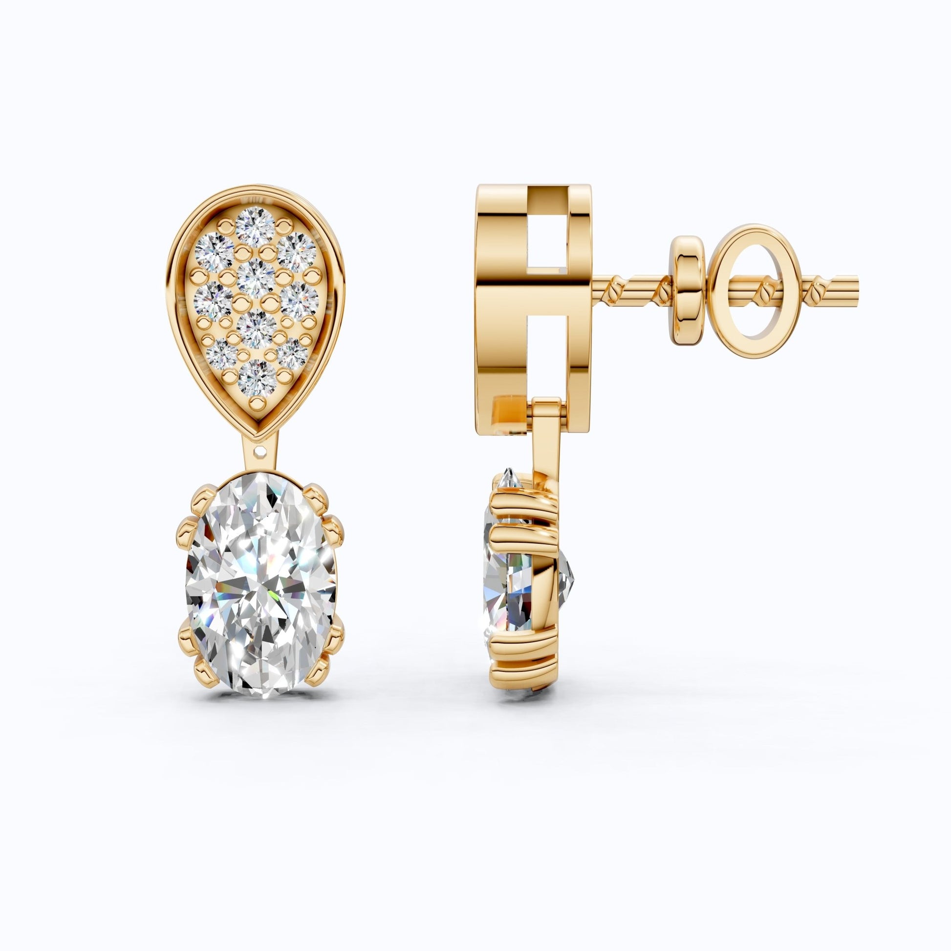 Pear Pavé Top with Oval Drop Wedding Earrings in Lab Diamond – 14k Solid Gold, Unique Bridal Jewelry, Anniversary Gift for Wife - Shoora Designs