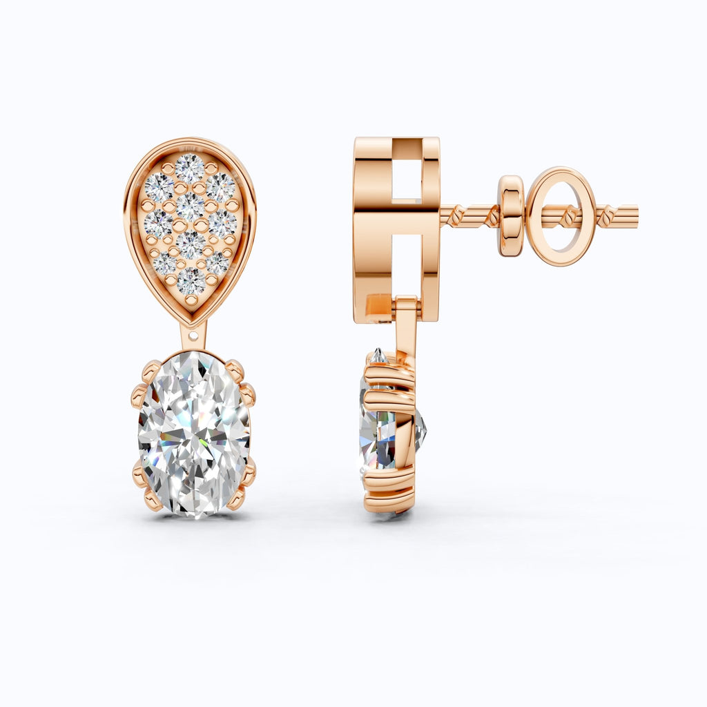 Pear Pavé Top with Oval Drop Wedding Earrings in Lab Diamond – 14k Solid Gold, Unique Bridal Jewelry, Anniversary Gift for Wife - Shoora Designs