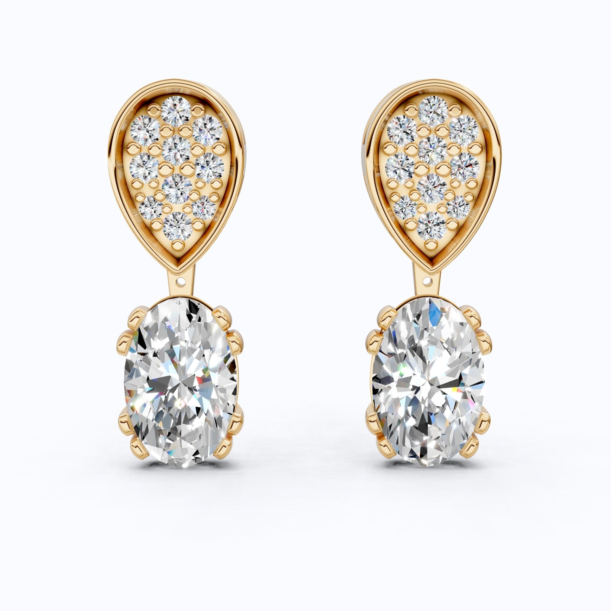 Pear Pavé Top with Oval Drop Wedding Earrings in Lab Diamond – 14k Solid Gold, Unique Bridal Jewelry, Anniversary Gift for Wife - Shoora Designs