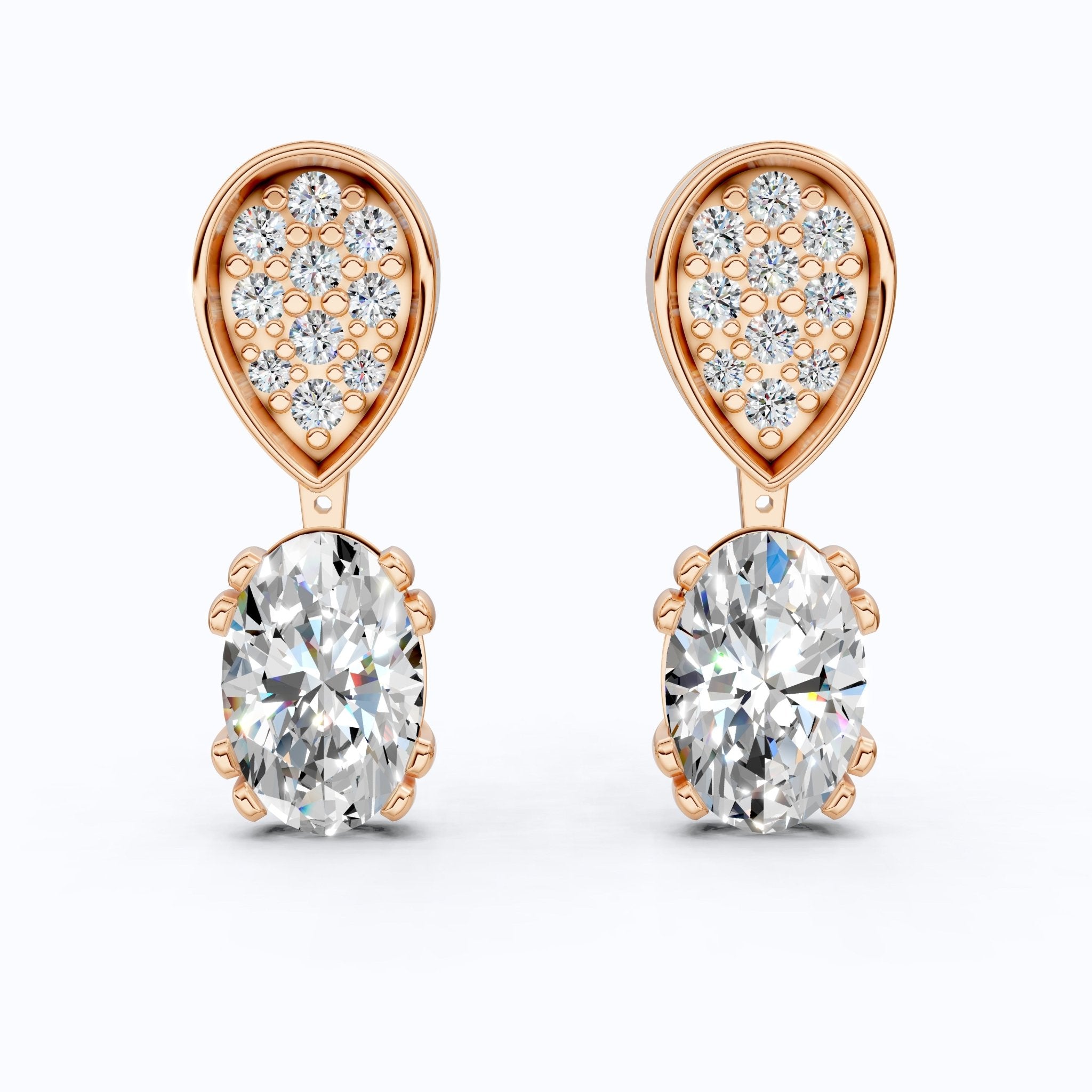 Pear Pavé Top with Oval Drop Wedding Earrings in Lab Diamond – 14k Solid Gold, Unique Bridal Jewelry, Anniversary Gift for Wife - Shoora Designs