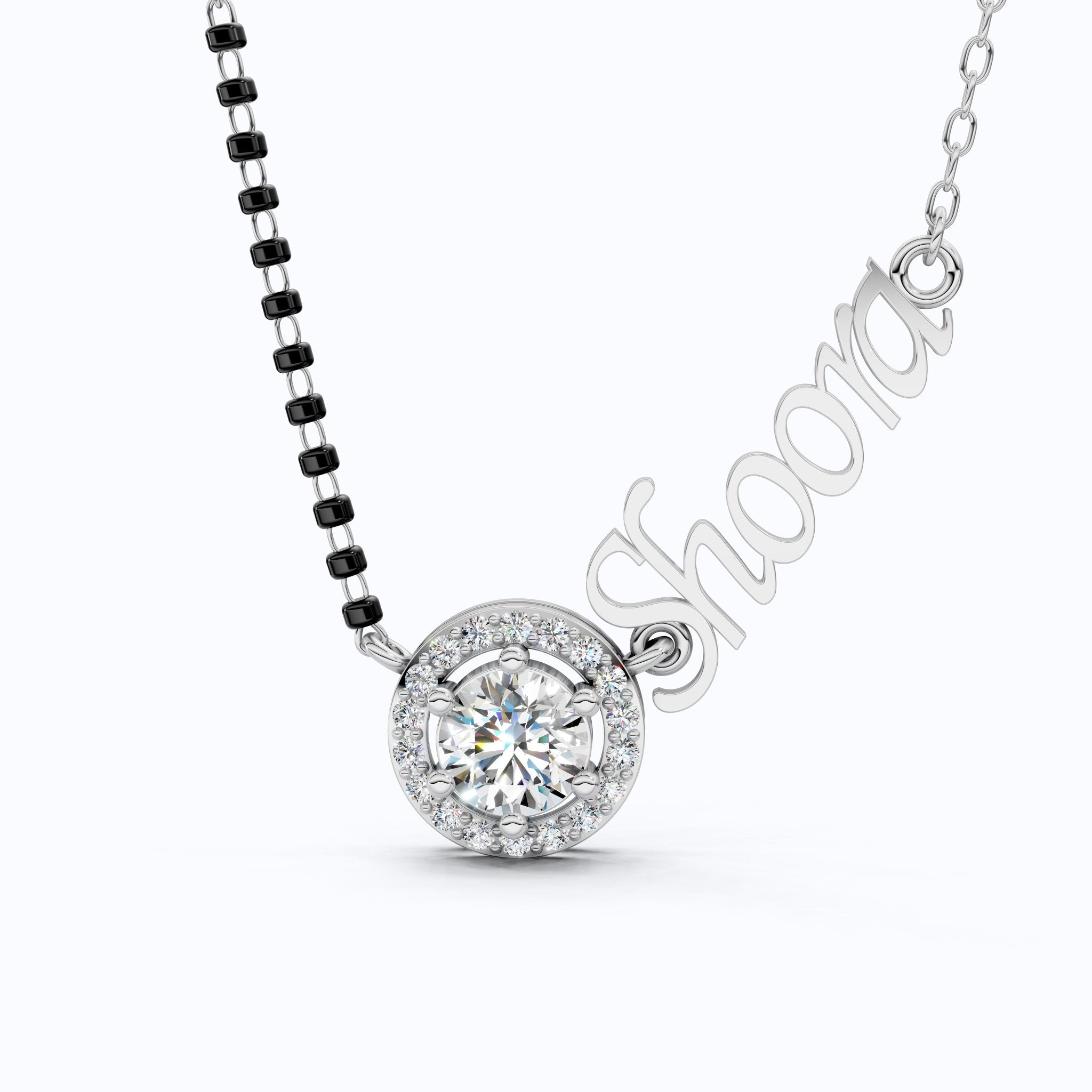 Personalized Halo Name Mangalsutra Necklace in 14K Solid Gold, 1.00 CT Round Cut Lab Created Diamond, Bridal Jewelry, Gift for Wife - Shoora Designs
