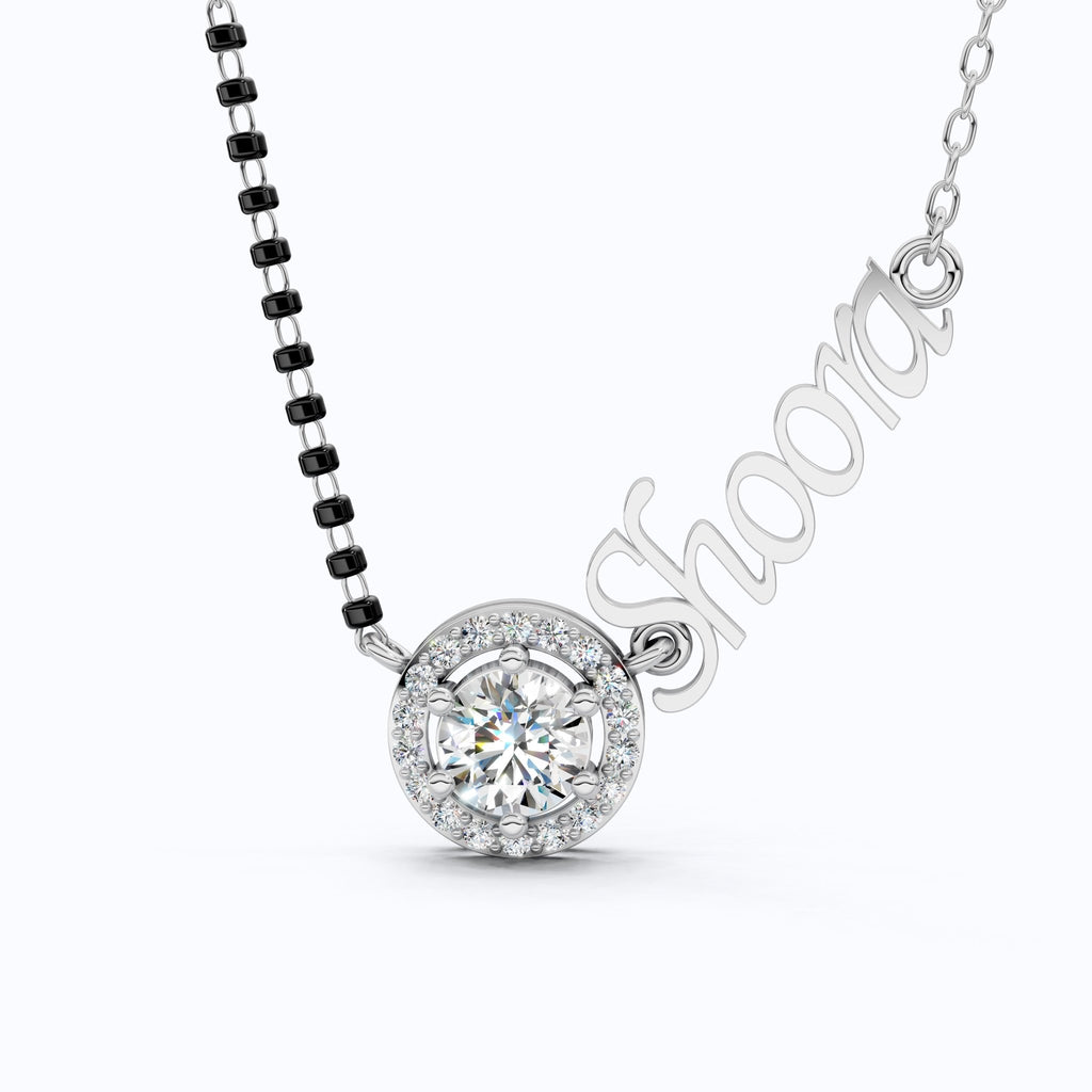 Personalized Halo Name Mangalsutra Necklace in 14K Solid Gold, 1.00 CT Round Cut Lab Created Diamond, Bridal Jewelry, Gift for Wife - Shoora Designs