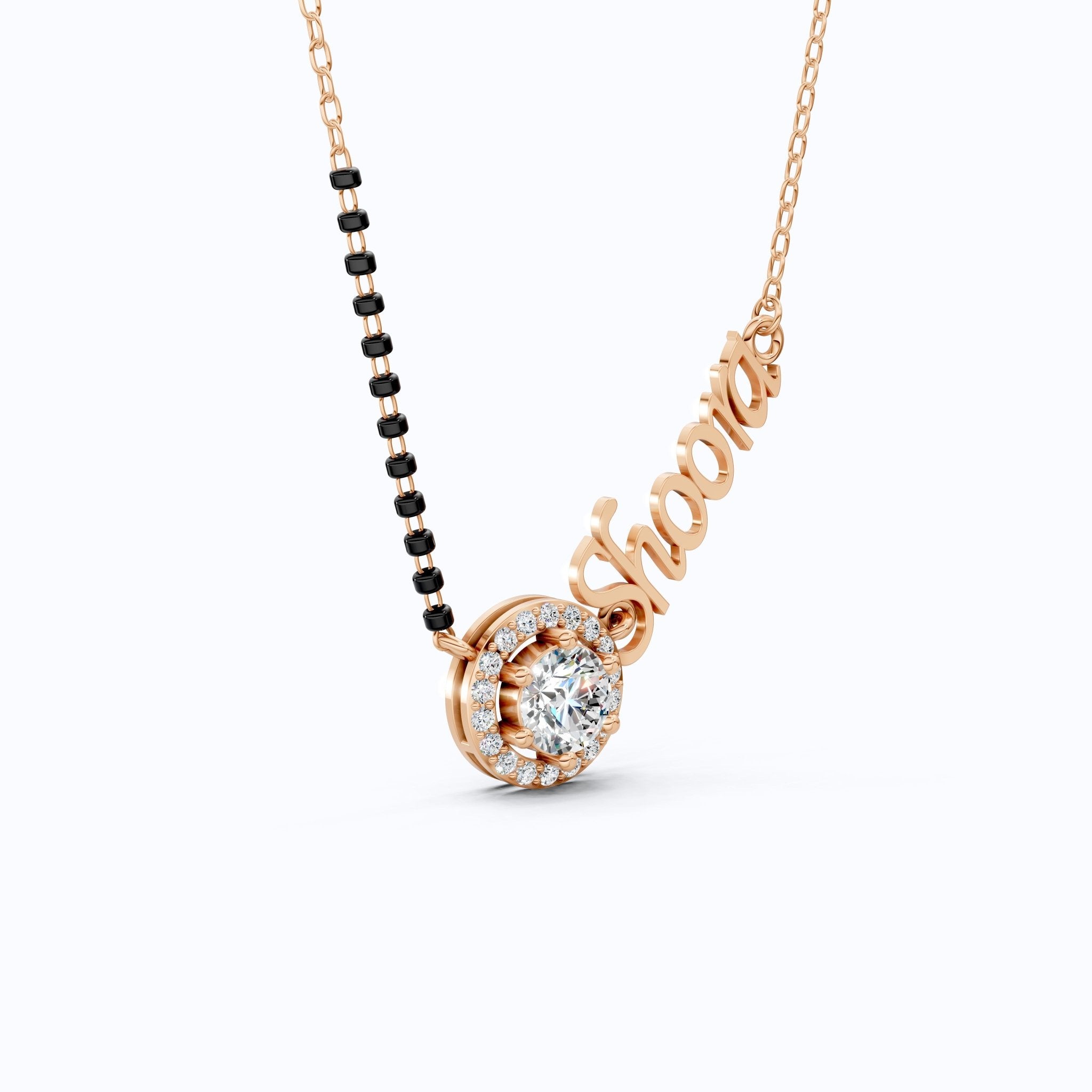 Personalized Halo Name Mangalsutra Necklace in 14K Solid Gold, 1.00 CT Round Cut Lab Created Diamond, Bridal Jewelry, Gift for Wife - Shoora Designs