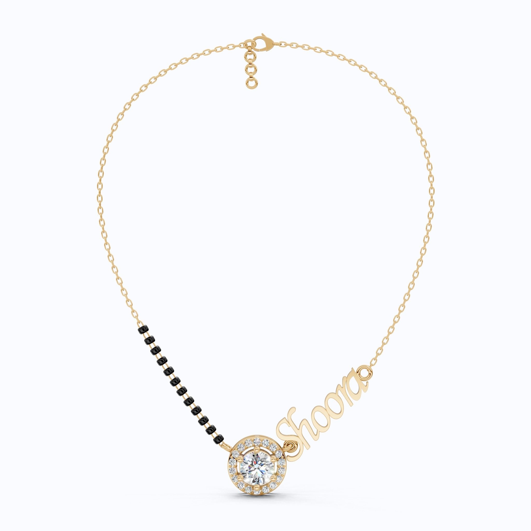Personalized Halo Name Mangalsutra Necklace in 14K Solid Gold, 1.00 CT Round Cut Lab Created Diamond, Bridal Jewelry, Gift for Wife - Shoora Designs