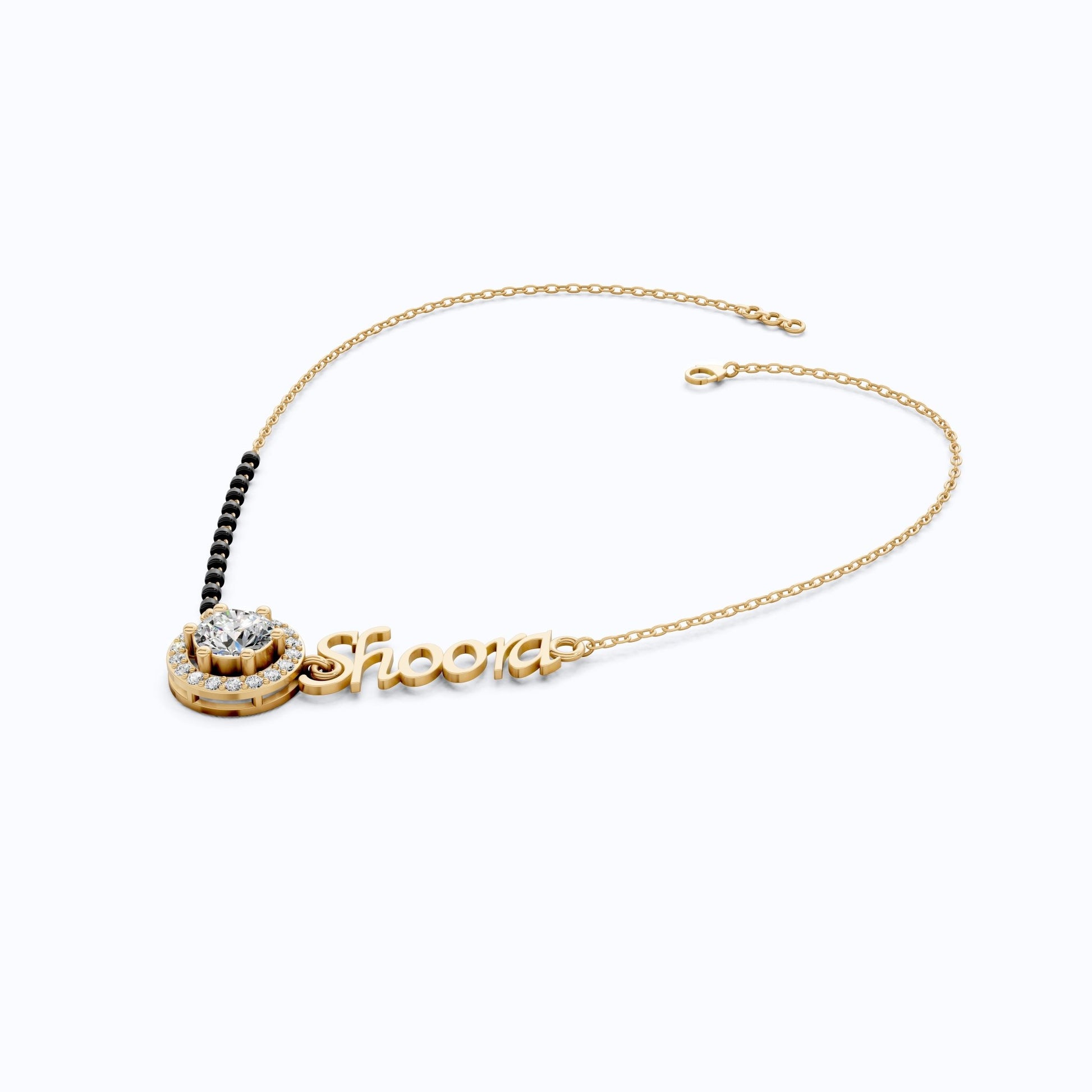Personalized Halo Name Mangalsutra Necklace in 14K Solid Gold, 1.00 CT Round Cut Lab Created Diamond, Bridal Jewelry, Gift for Wife - Shoora Designs