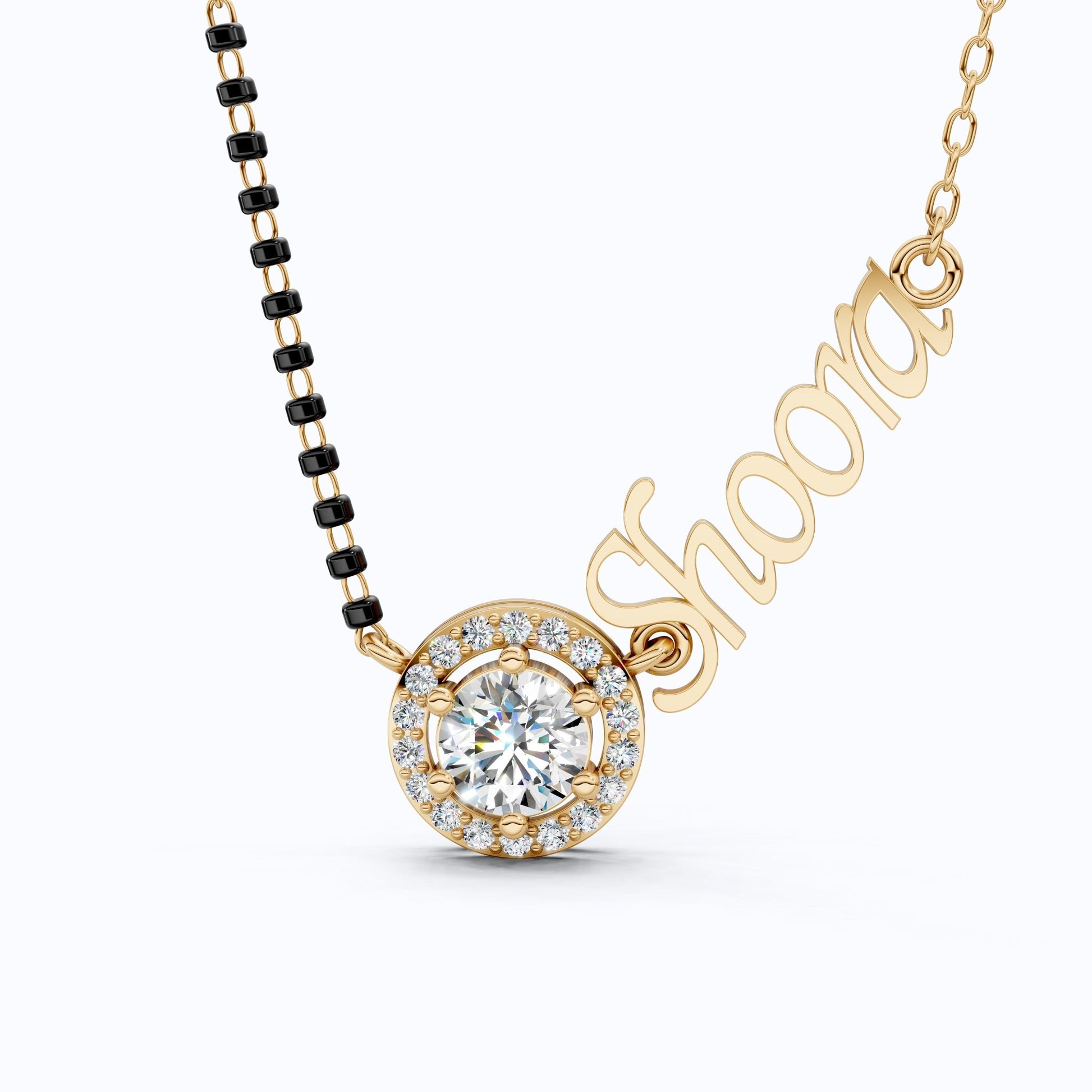 Personalized Halo Name Mangalsutra Necklace in 14K Solid Gold, 1.00 CT Round Cut Lab Created Diamond, Bridal Jewelry, Gift for Wife - Shoora Designs