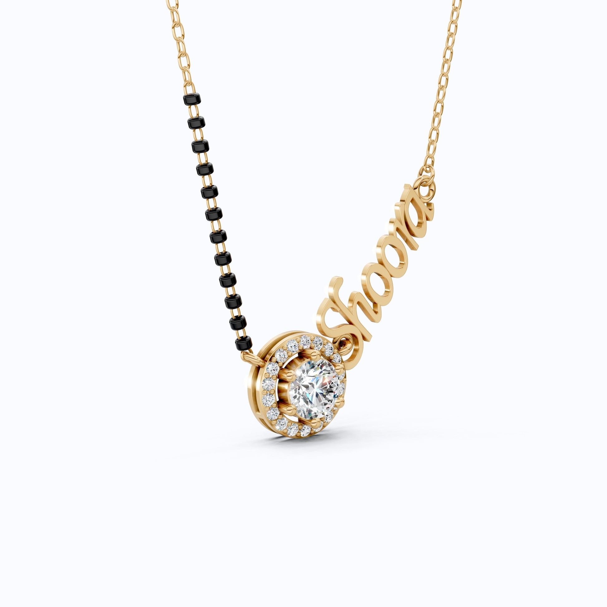 Personalized Halo Name Mangalsutra Necklace in 14K Solid Gold, 1.00 CT Round Cut Lab Created Diamond, Bridal Jewelry, Gift for Wife - Shoora Designs
