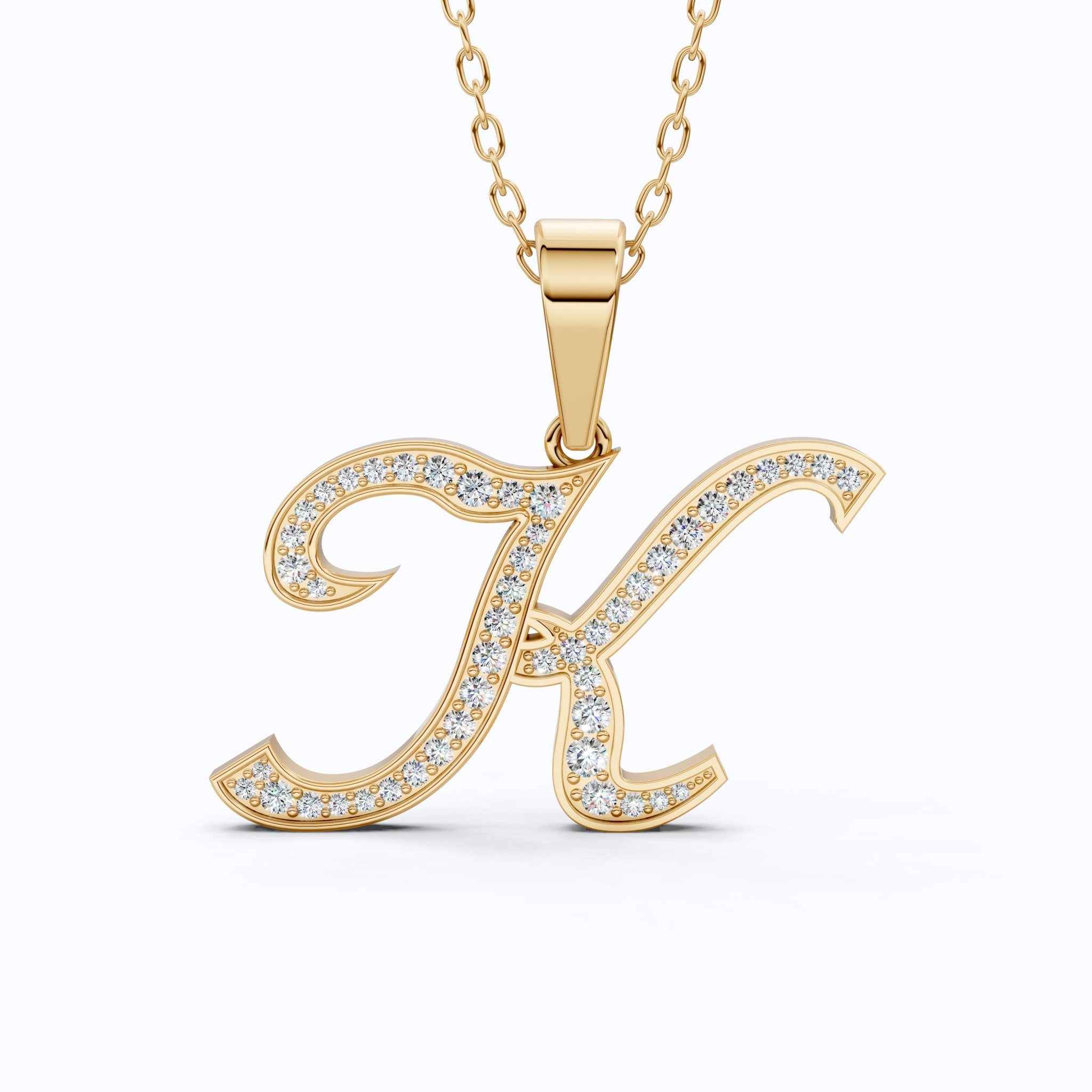 Personalized Pavé Cursive K Initial Pendant in Lab Grown Diamond - 14k Solid Gold, Birthday Gift for Her/Him, Everyday Handmade Jewelry - Shoora Designs