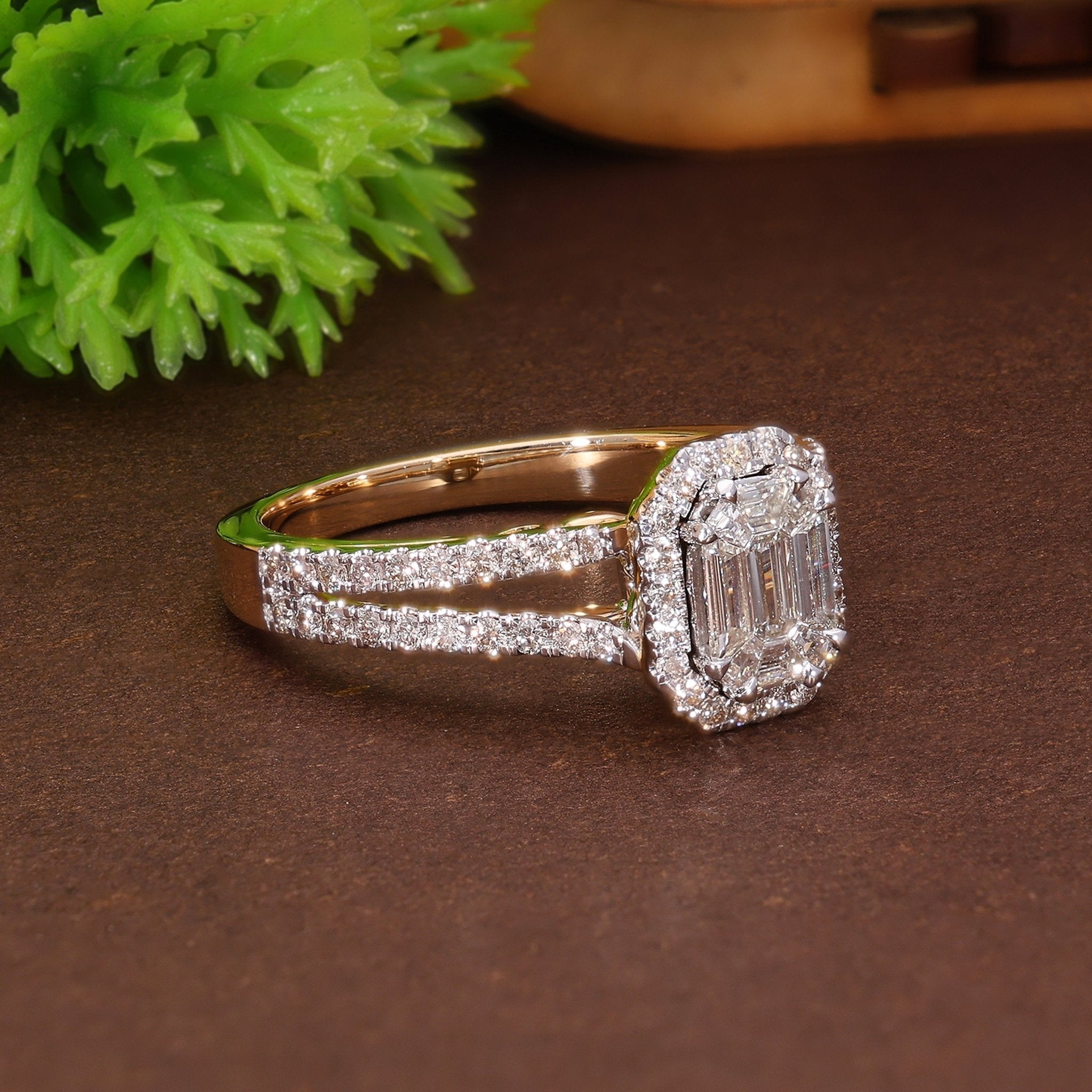 Pie - Cut Emerald Illusion Halo Split Shank Engagement Ring in Natural Diamonds – 14k Solid Gold, Pie Cut Ring For Women, Anniversary Gift, Handmade Jewelry - Shoora Designs