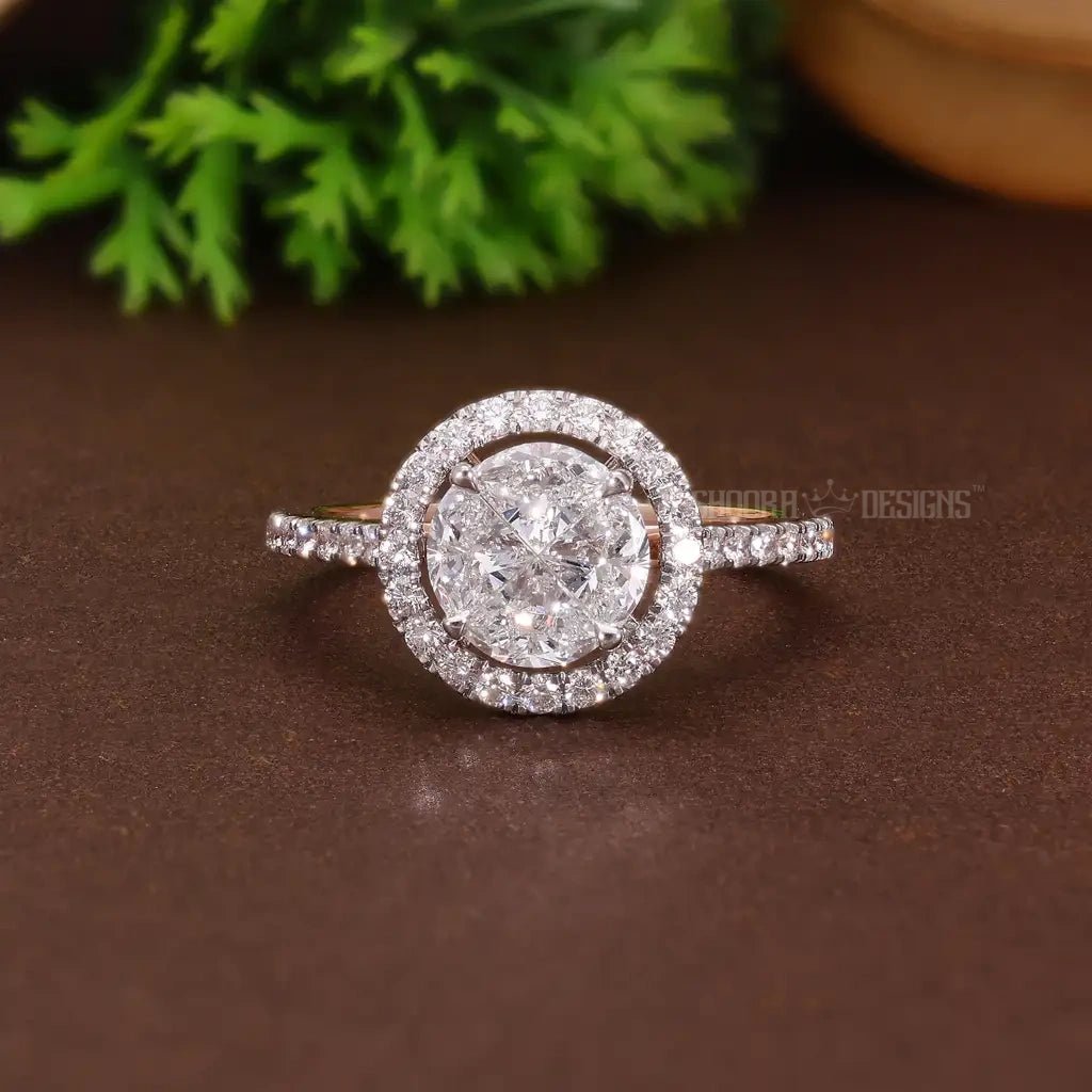 Pie - Cut Round Halo Pave Engagement Ring 14k Solid Gold, Round Cut Natural Diamonds, Handmade Bridal Jewelry, Anniversary Gift for Wife - Shoora Designs
