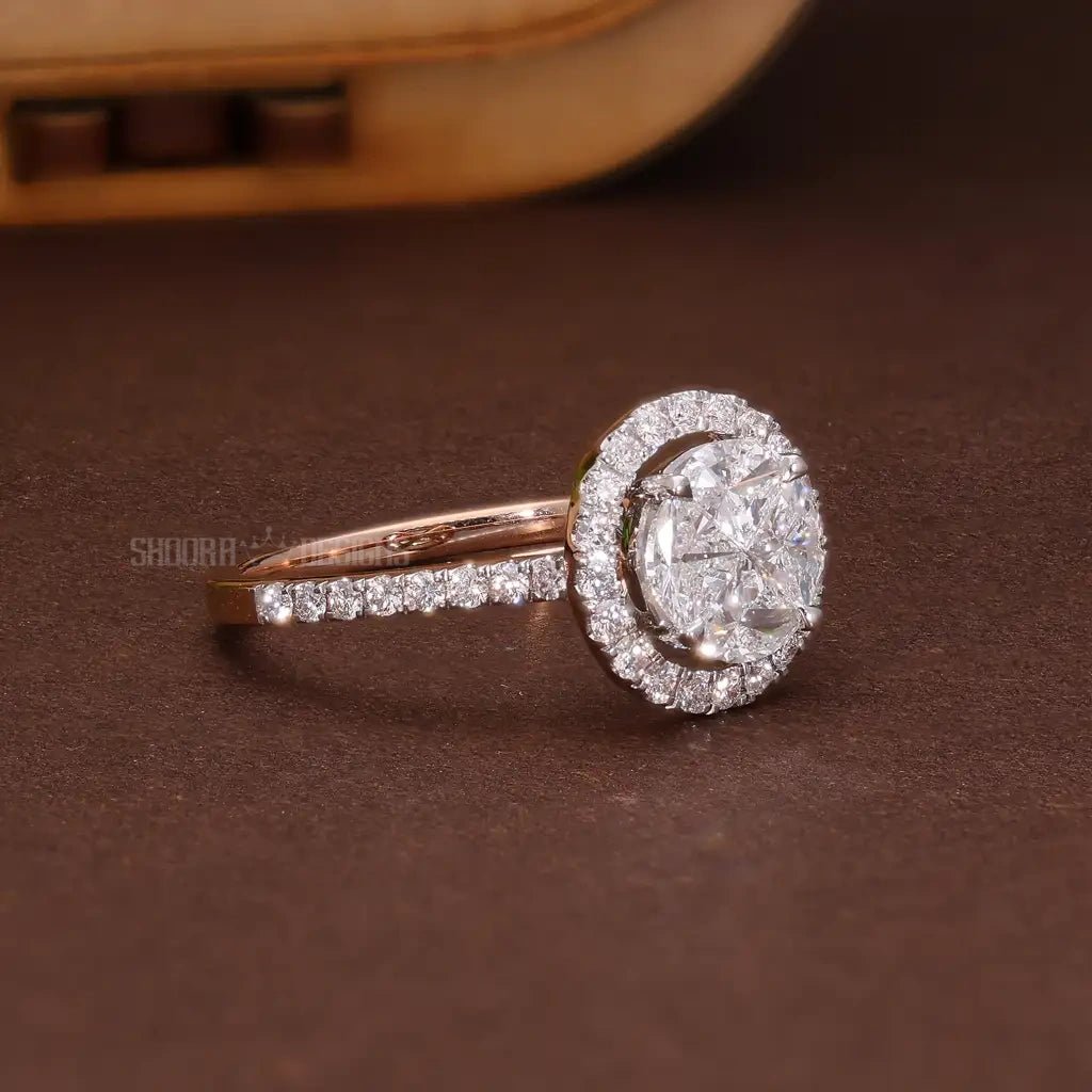 Pie - Cut Round Halo Pave Engagement Ring 14k Solid Gold, Round Cut Natural Diamonds, Handmade Bridal Jewelry, Anniversary Gift for Wife - Shoora Designs