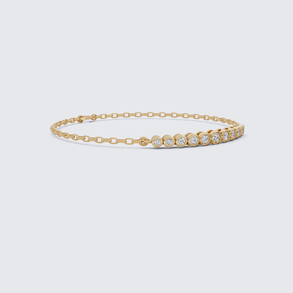 Graduated Round Bezel Set Diamond Chain Bracelet in Lab Grown Diamond - 14k Solid Gold, Everyday Luxury Jewelry, Handmade Jewelry
