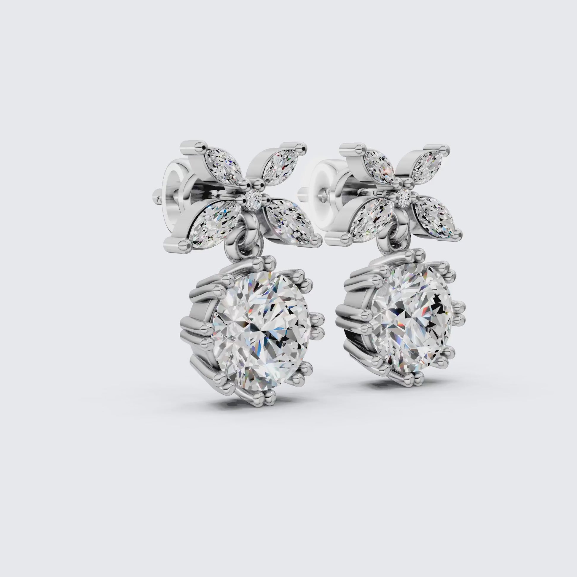Floral Marquise Cluster Round Drop Earrings in Lab Diamond 18k Solid Gold, Handmade Bridal Gift for Women