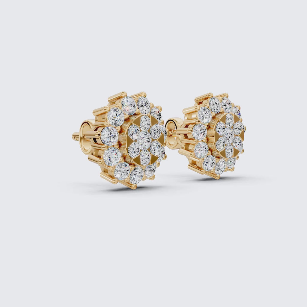Charming Round Halo Cluster Lab Diamond Stud Earrings in 14k Gold, Bridal Jewelry for Women, Handmade Jewelry