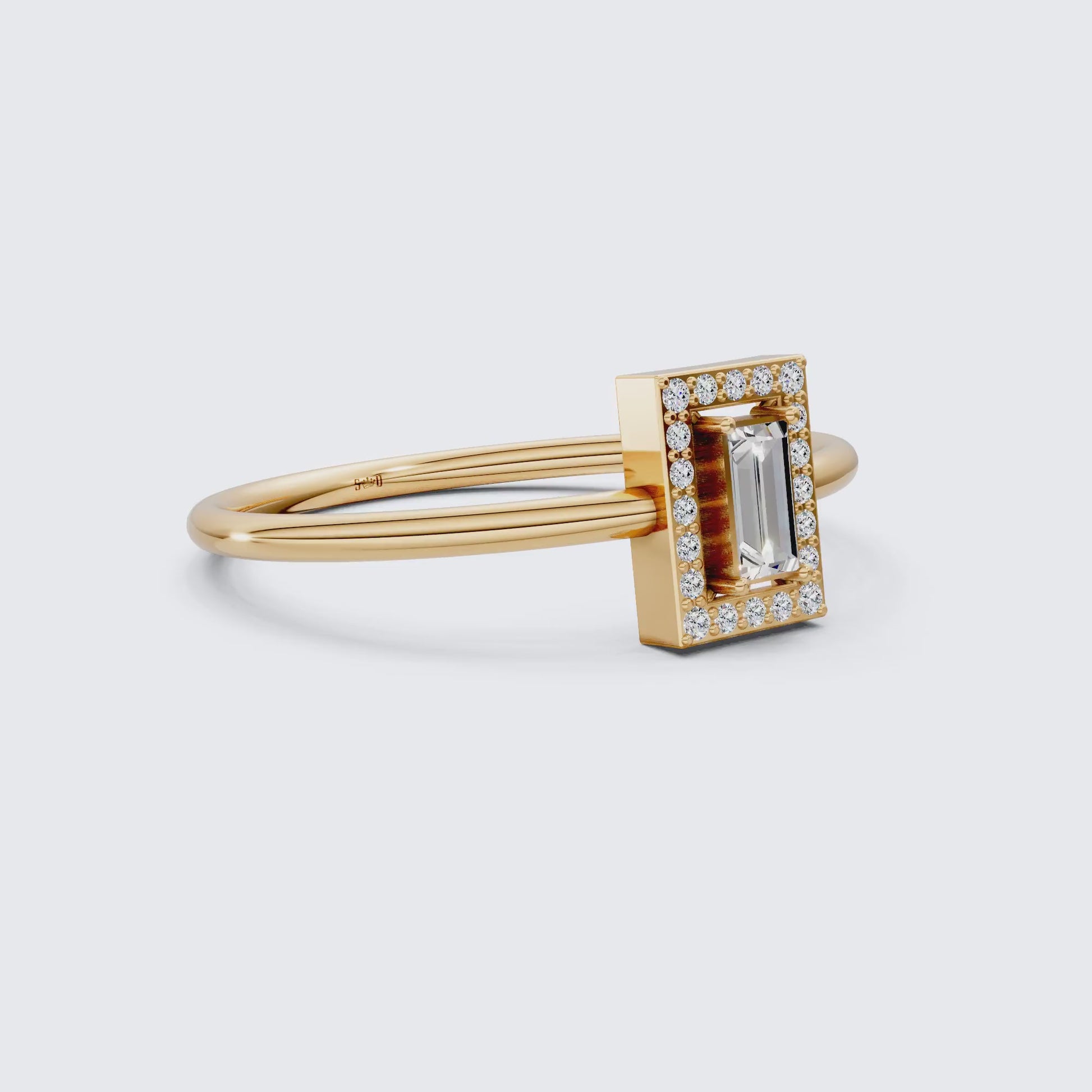 Art Deco Baguette Cut Rectangle Halo Engagement Ring in Lab Diamond – 14k Solid Gold, Geometric Vertical Emerald Shaped Ring, Wedding Gift for Wife