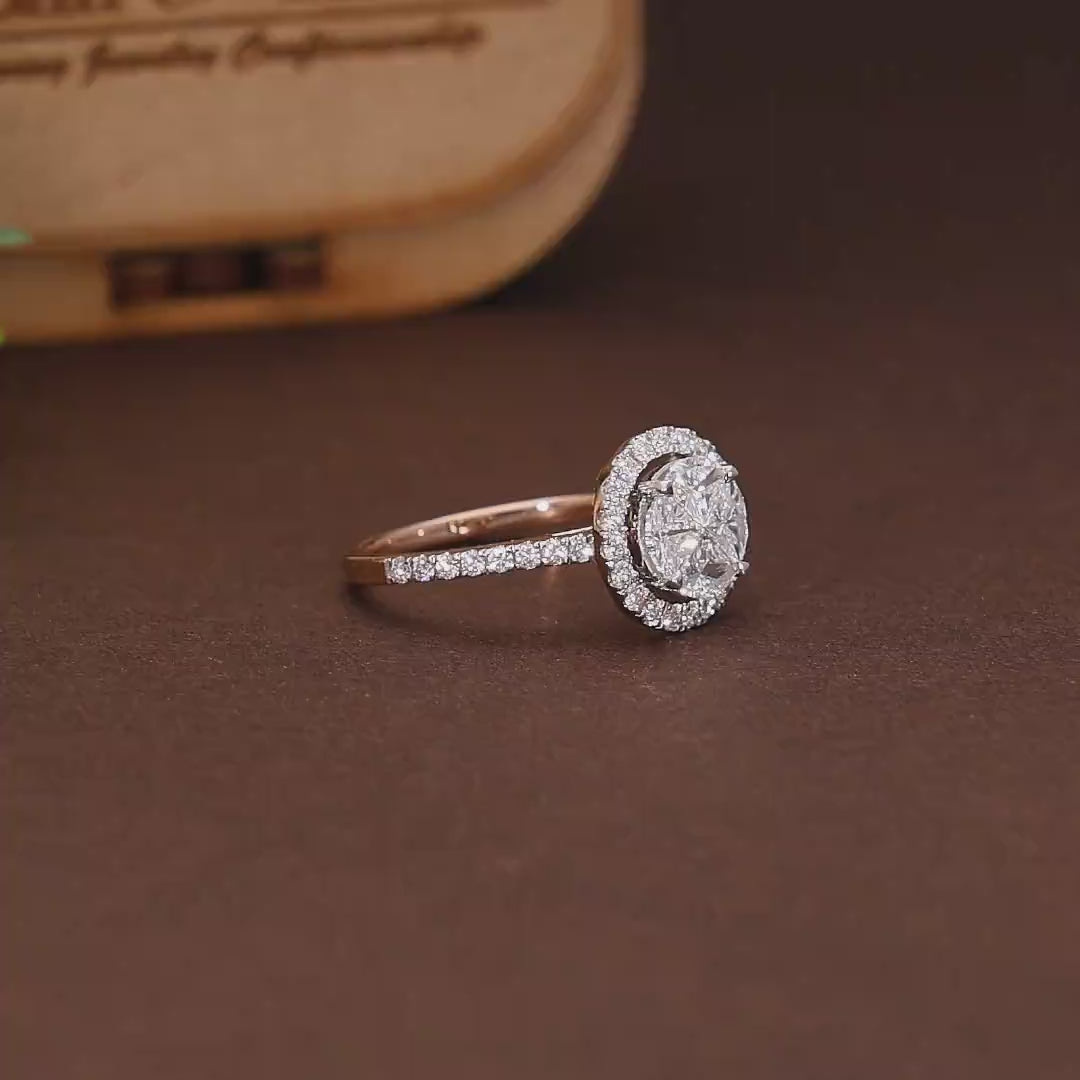 Pie-Cut Round Halo Pave Engagement Ring 14k Solid Gold, Round Cut Natural Diamonds, Handmade Bridal Jewelry, Anniversary Gift for Wife