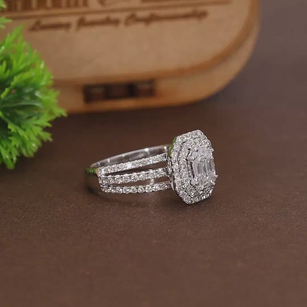 Emerald Cut Illusion Double Halo Pave Wedding Ring in Natural Diamond – 14k Solid Gold, Unique Three Row Pave Engagement Ring, Gift for Women, Handmade Jewelry