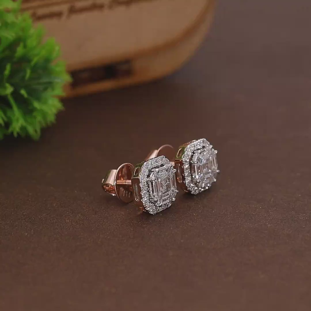 Asscher Illusion Halo Stud Earrings in Natural Diamond – 14k Solid Gold, Elegant Pie-Cut Earrings, Luxury Gift for Her