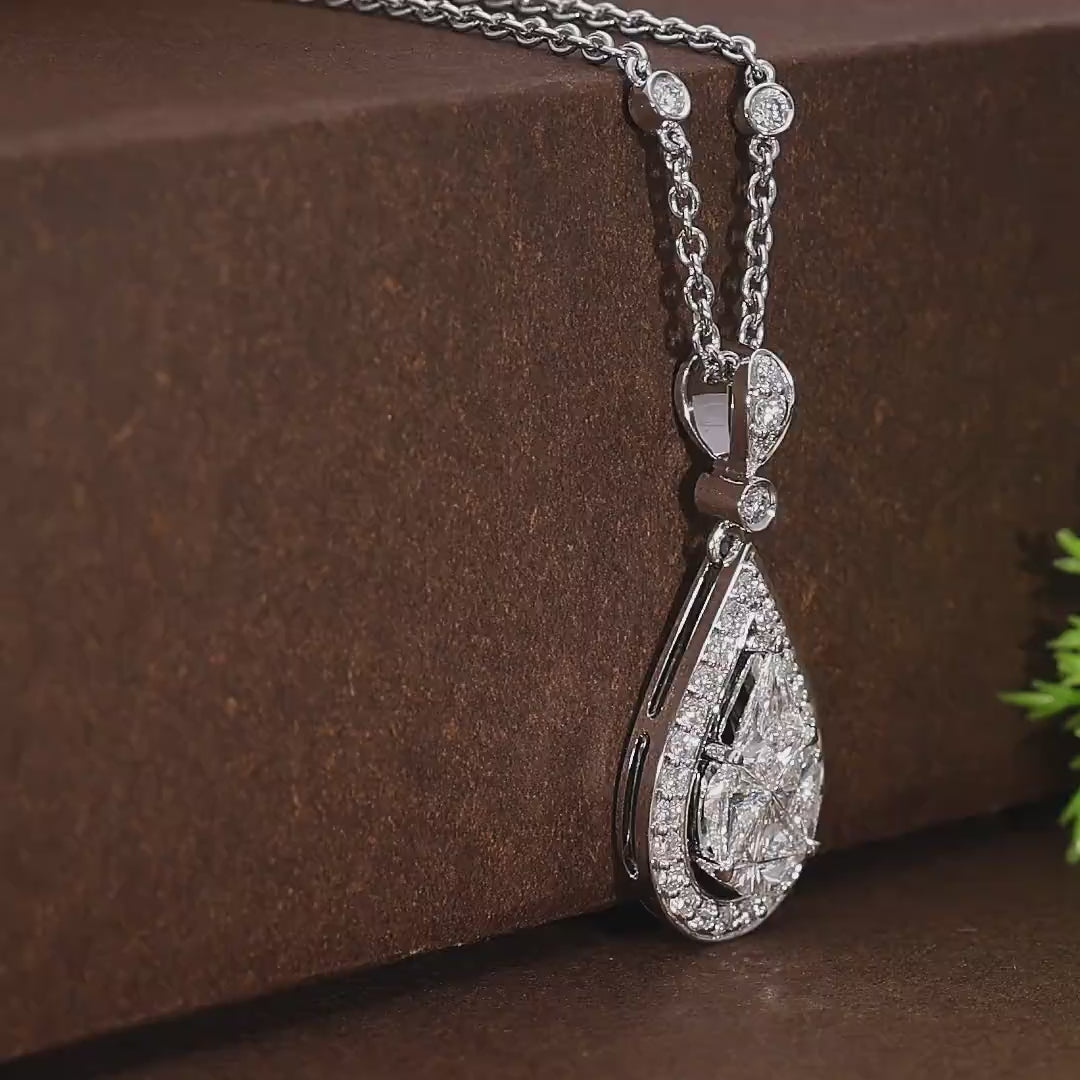 Elegant Teardrop Illusion Pear Halo Wedding Pendant in Natural Diamond – 14k Solid Gold, Everyday Pendant Gift for Wife, Handmade Jewelry