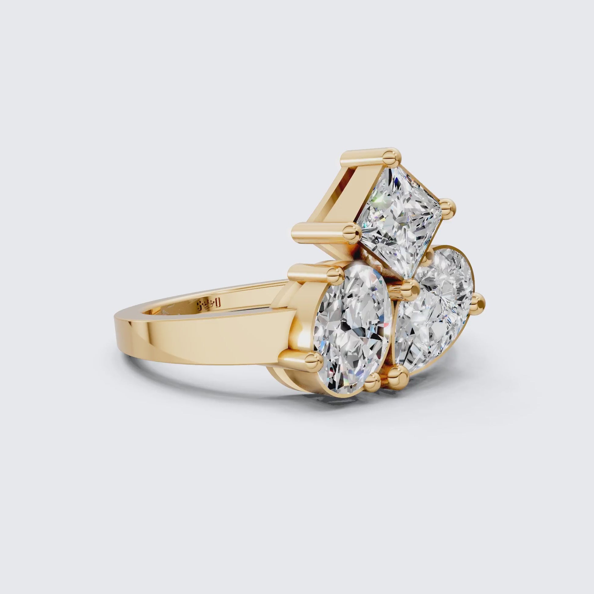 Asymmetric Mixed Shape Three Stone Engagement Ring in Lab Diamond – 14k Solid Gold, Modern Geometric Trio Wedding Gift for Wife