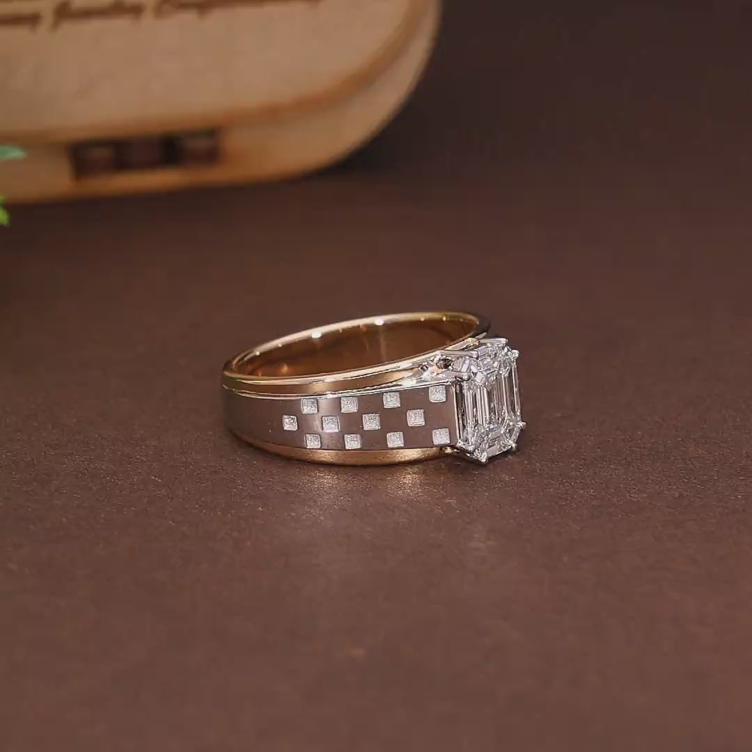 Illusion Emerald Cut Checkered Band Wedding Solitaire Ring in Natural Diamond – 14k Solid Gold, Handmade Everyday Ring For Him