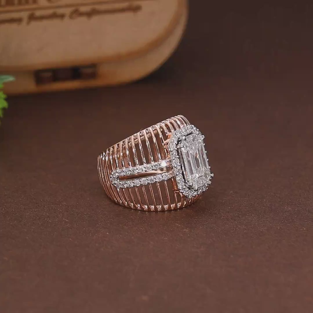 Wide Cage Band Illusion Halo Pave Wedding Ring in 18K Solid Gold, Geometric Illusion Statement Engagement Ring, Anniversary Gift for Wife, Handmade Bridal Jewelry