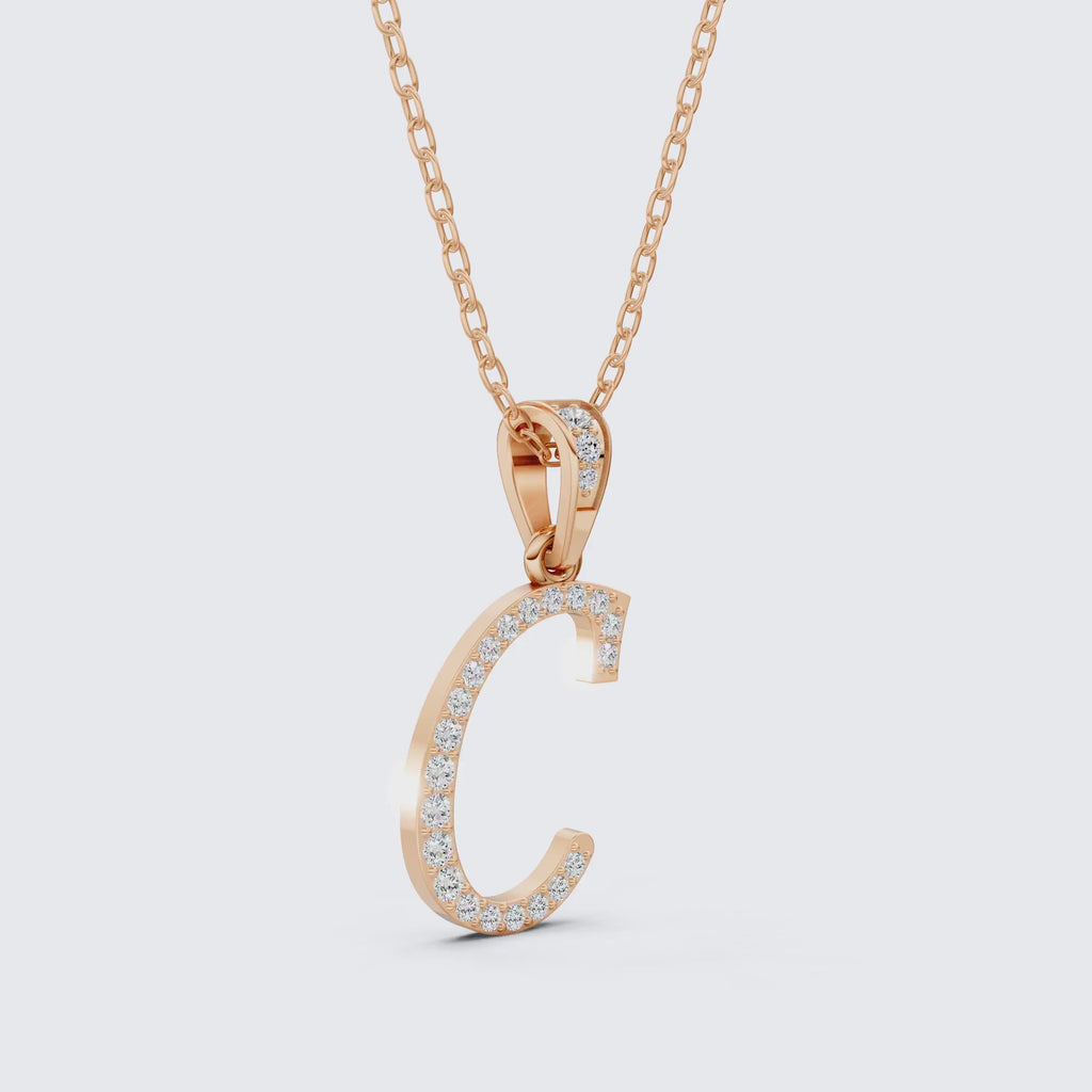 Pavé Script Letter C Initial Pendant in Lab Diamond – 14k Solid Gold, Alphabet Jewelry Gift for Women, Daily Wear Pendant