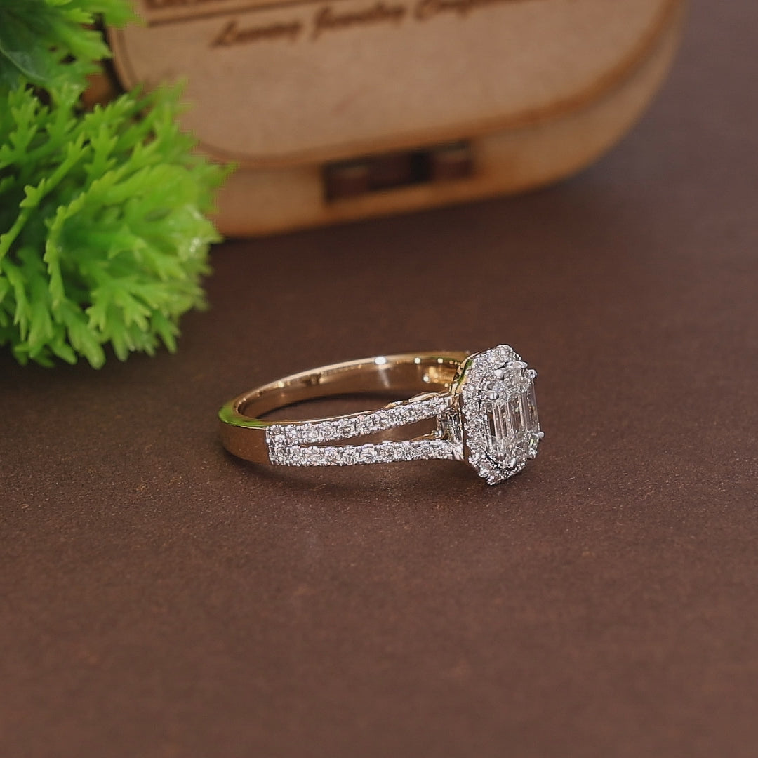 Emerald Cut Pie-Cut Halo Pave Split Shank Wedding Ring, Anniversary Gift