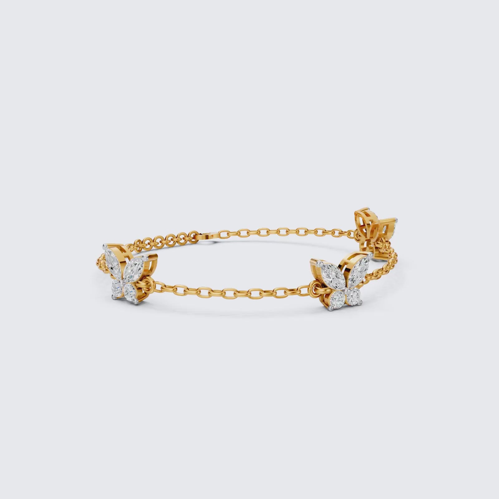 14K Yellow Gold Butterfly Chain Bracelet, Marquise/Round Cut Lab Grown Diamond Bracelet, Gift for Her, Wedding Jewelry, Handmade Bracelet