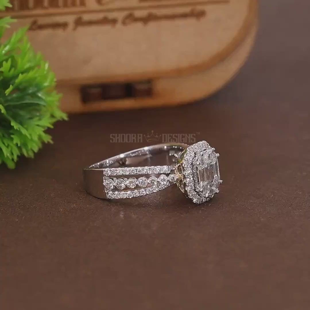 Emerald Cut Pie-Cut Natural Diamond Double Halo Pave Engagement Ring in 14K Solid Gold, Three Row Pave Illusion Ring, Handmade Bridal Jewelry