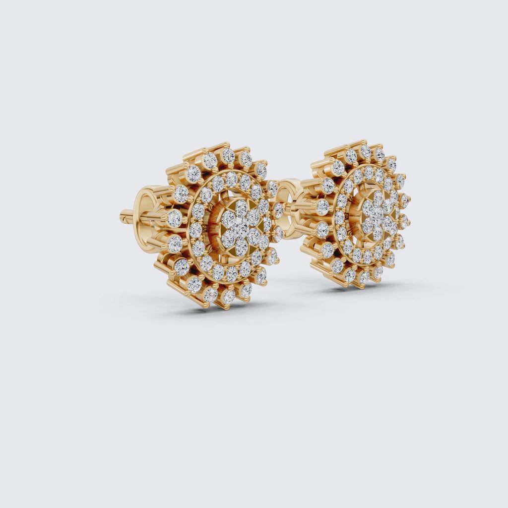Statement Sunburst Floral Stud Halo Earrings in Lab Diamond-14k Solid Gold, Wedding Jewelry, Perfect Gift for Women