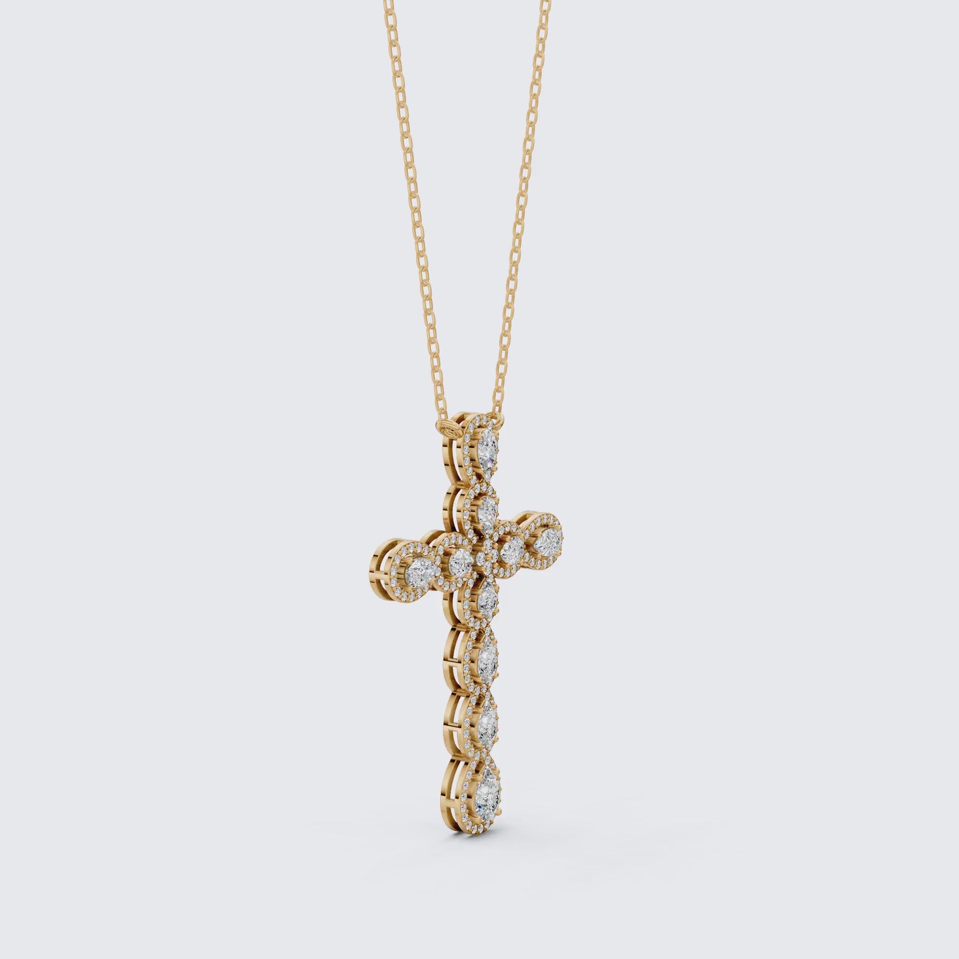 Pear & Round Halo Cluster Cross Charm Pendant Necklace in Lab Diamond – 14k Solid Gold, Everyday Jewelry For Women, Handmade Jewelry, Gift for Her