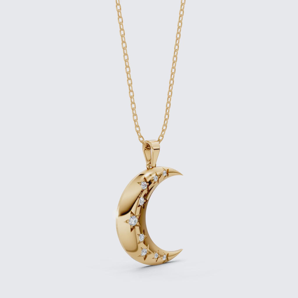 Celestial Crescent Moon Charm with Star Accents Wedding Pendant in Lab Grown Diamond-14k Solid Gold, Bridal Jewelry for Her
