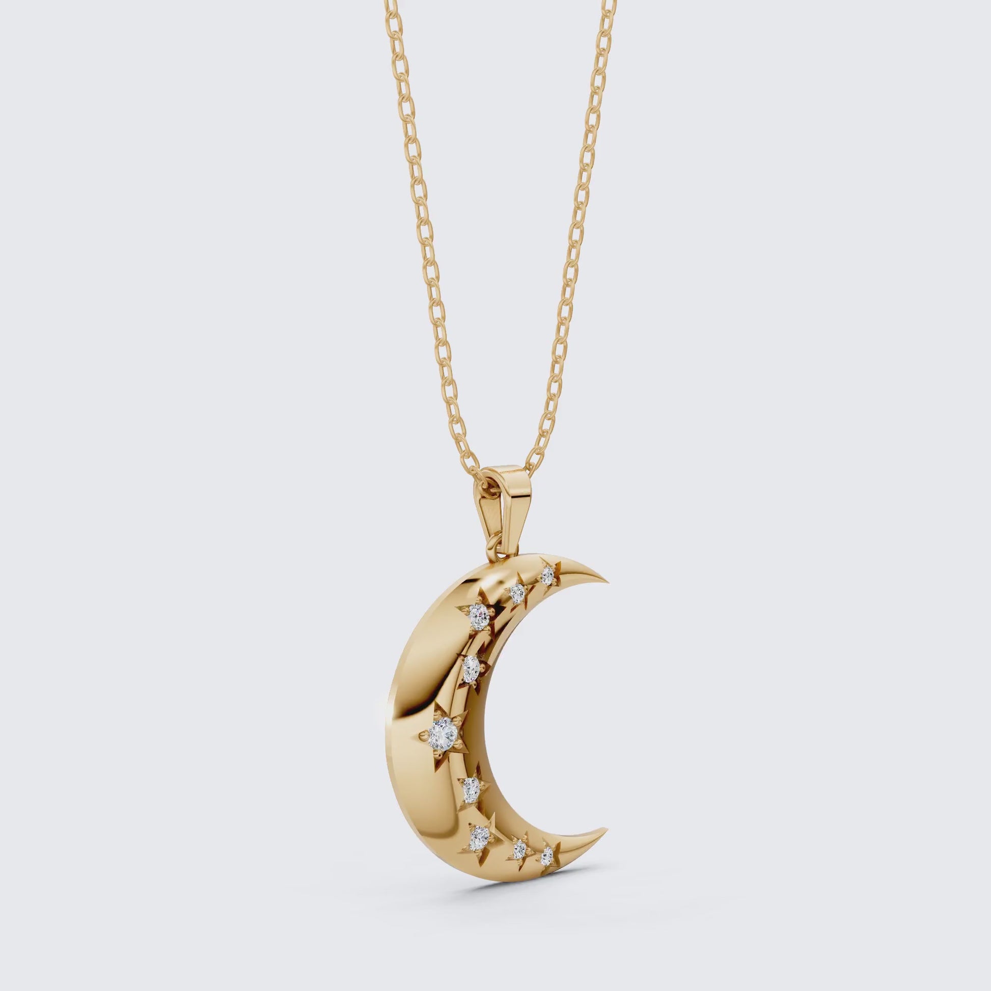 Celestial Crescent Moon Charm with Star Accents Wedding Pendant in Lab Grown Diamond-14k Solid Gold, Bridal Jewelry for Her